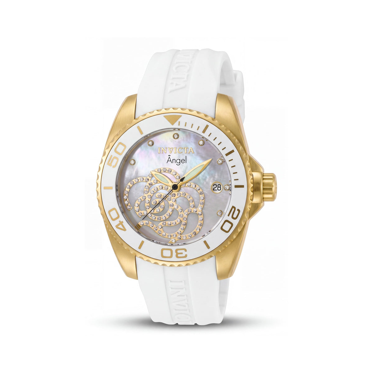 Invicta Angel Women's 18k Gold Plated Quartz Water Resistant Watch with White Strap & Mother of Pearl Dial 38mm, Photo 1