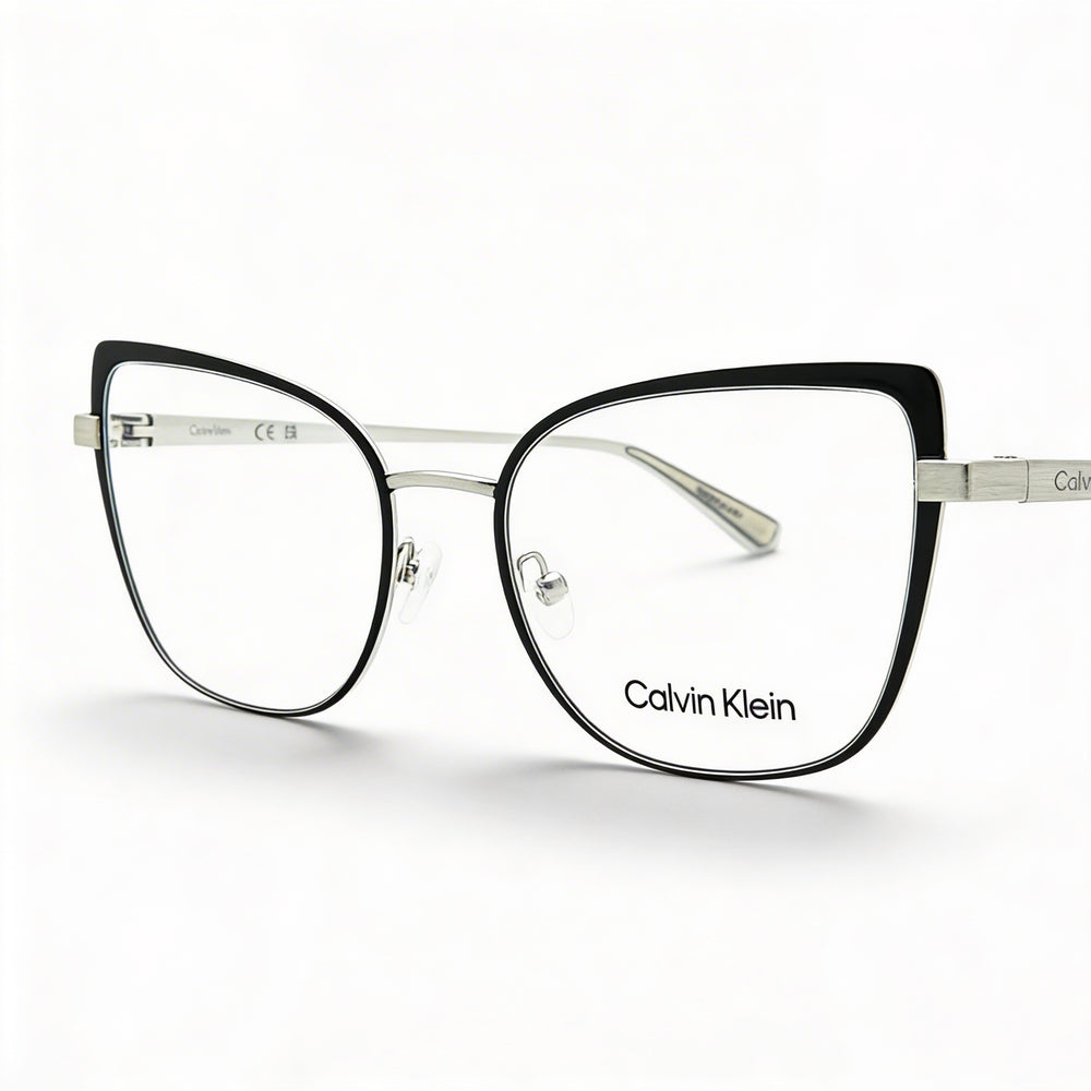 Gafas unisex Calvin Klein CK22101 Cat Eye con montura de metal negro y plateado, lentes de 54 mm de ancho