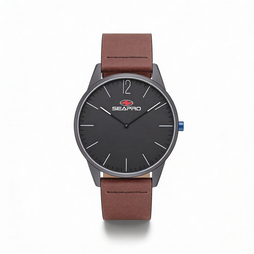 Reloj de cuarzo Seapro Black Hole para hombre, caja de acero inoxidable, correa de cuero, esfera negra, 40 mm, resistente al agua hasta 50 m