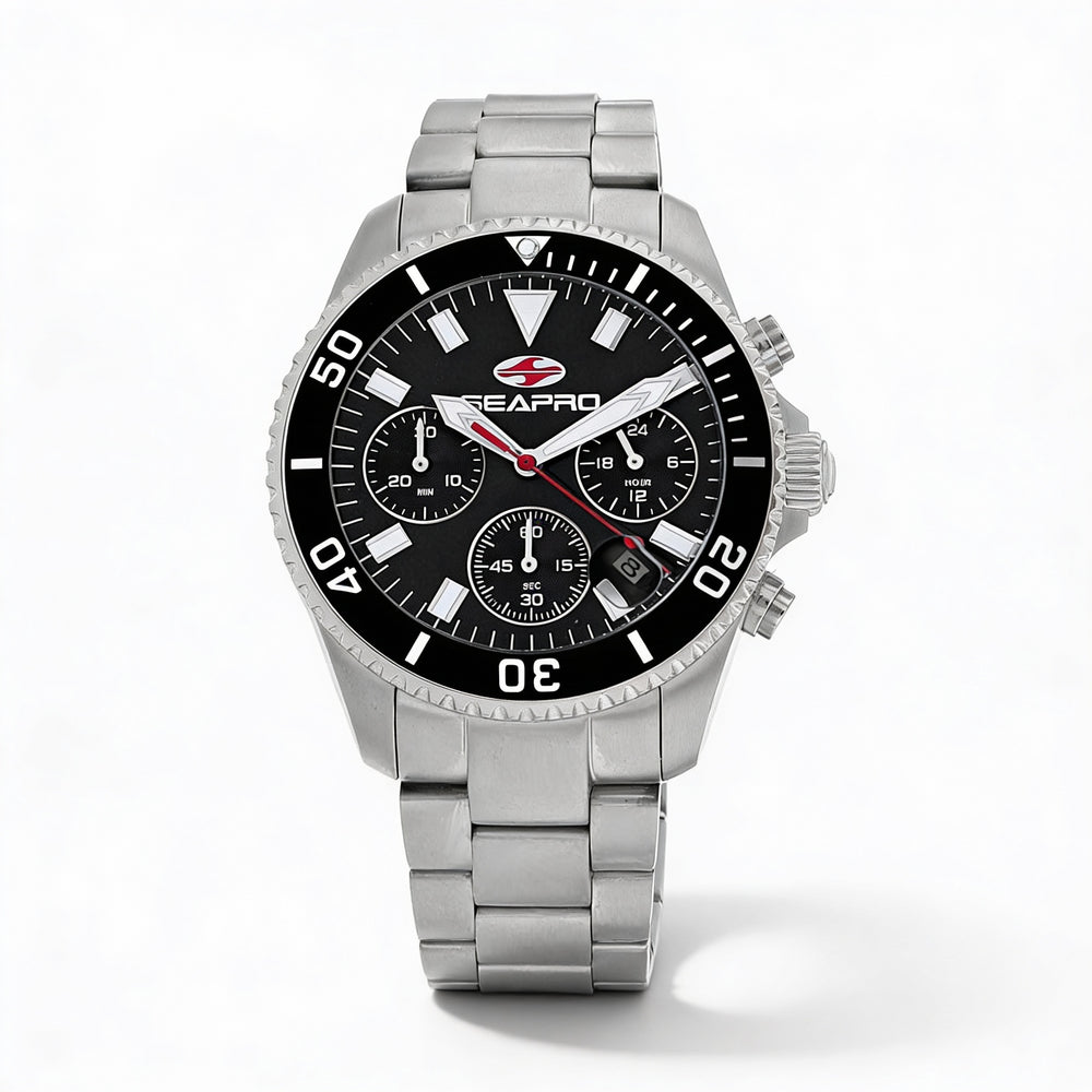Reloj Seapro para hombre con movimiento de cuarzo, esfera negra, caja de acero inoxidable, brazalete de acero inoxidable, resistente al agua.