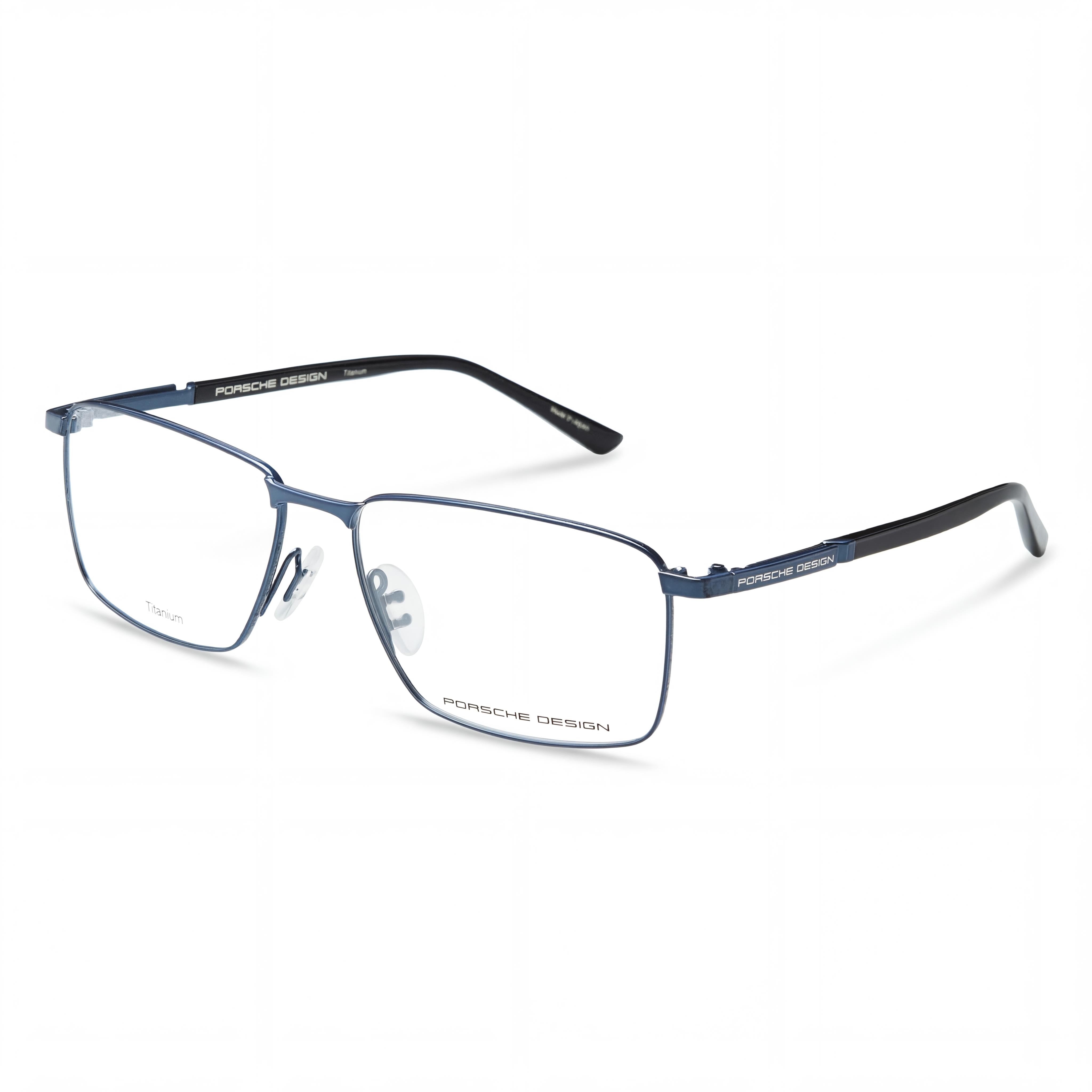 Porsche Modern Men's Titanium Blue Black Frame Eyeglasses with Transparent Polycarbonate Lenses, 57mm Lens Width, Photo 1