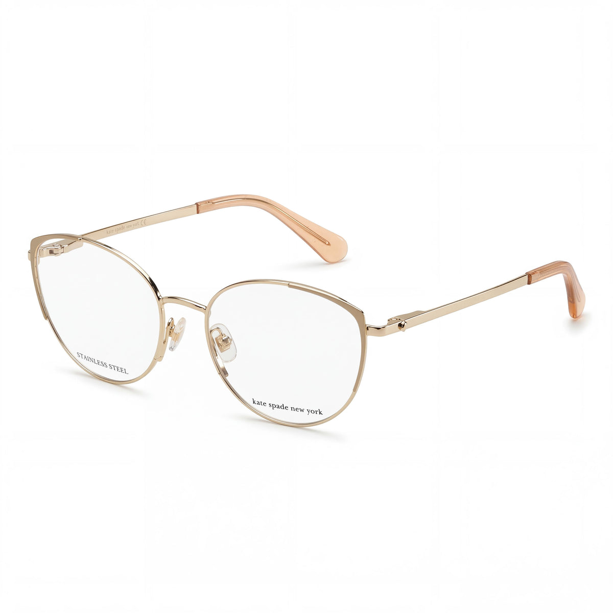 Monturas de gafas de ojo de gato de acero inoxidable dorado para mujer kate spade new york con patillas de material combinado y logotipo de la marca de metal, Photo 1