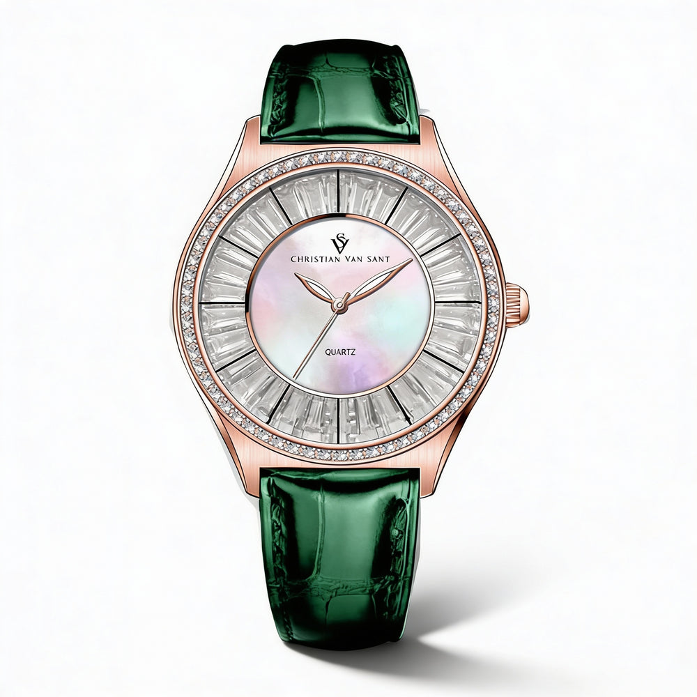 Reloj moderno Christian Van Sant para mujer, resistente al agua, con esfera de nácar, caja de acero inoxidable y correa de piel