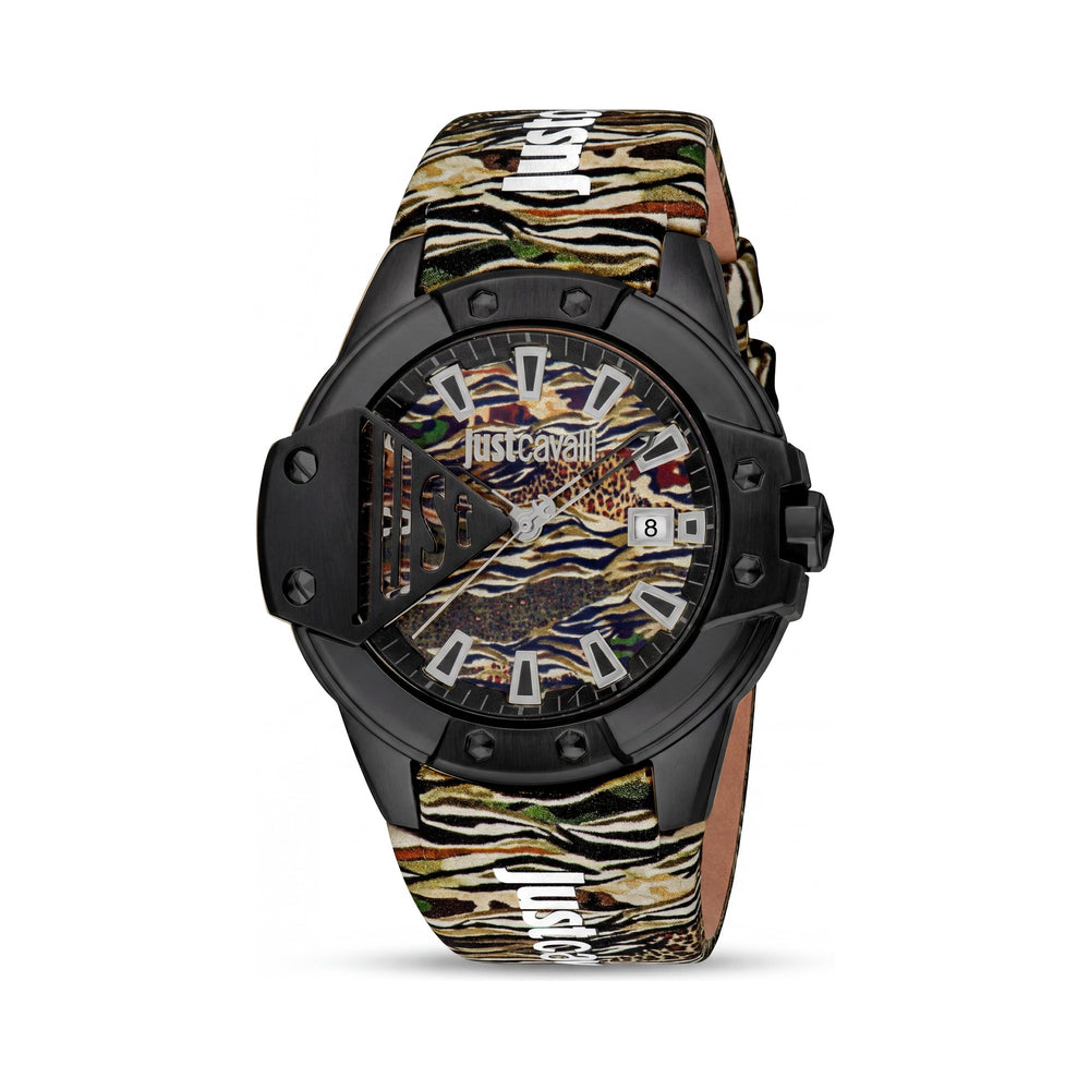 Reloj Just Cavalli Fashion para mujer, resistente al agua, con caja de acero inoxidable y correa de piel en color camuflaje negro.