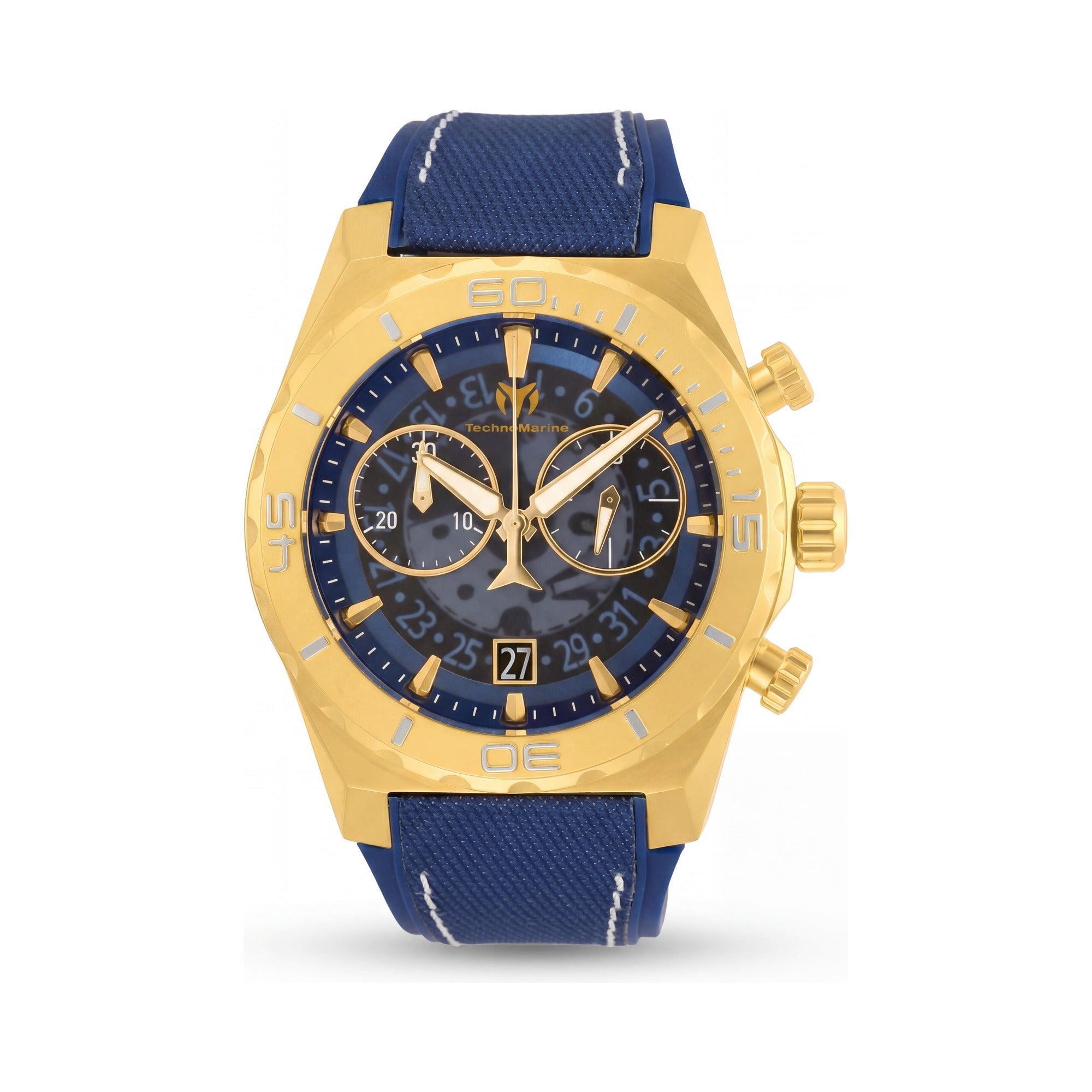 Reloj Technomarine moderno de cuarzo suizo resistente al agua de 48 mm para hombre con correa de silicona azul y caja de acero inoxidable dorado, Photo 1