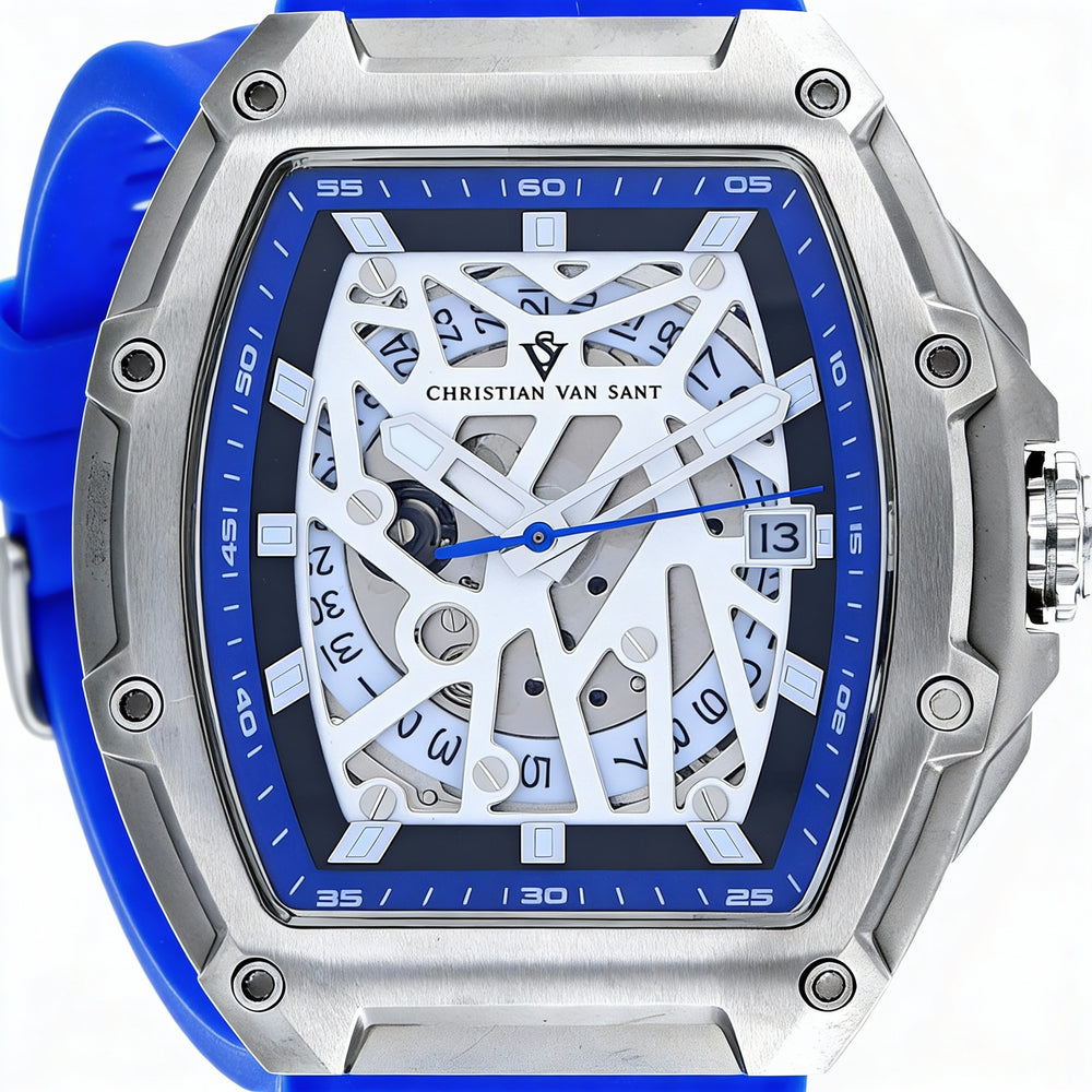 Reloj automático Christian Van Sant para hombre con caja de acero inoxidable, esfera blanca, correa de caucho, resistente al agua.