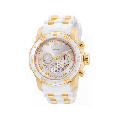 Reloj Invicta para hombre Diver de cuarzo, de acero inoxidable tono dorado, banda de silicona blanca, cronógrafo luminoso, cristal Flame Fusion, 48 mm