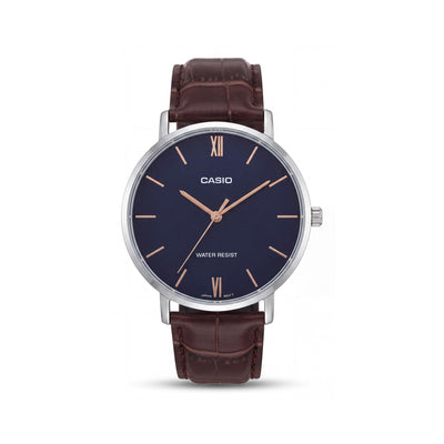 Casio MTP-VT01L-2B Men's Analog Watch Quartz Movement Leather Band Stainless Steel Case Multicoloured Water Resistant