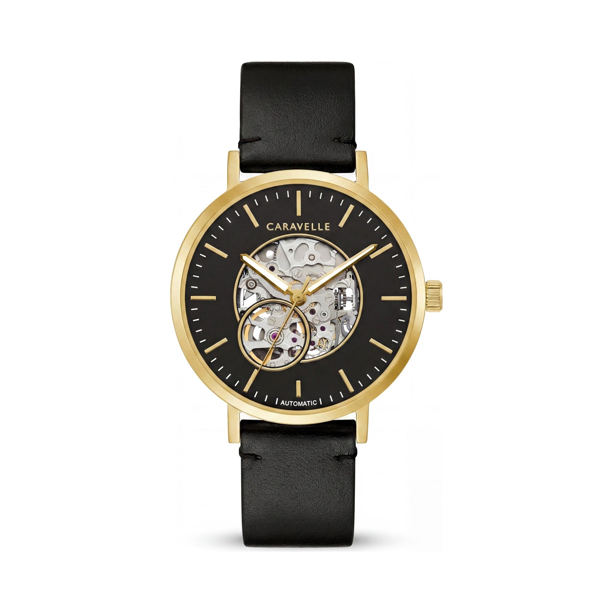 Caravelle Men's Classic Dress Gold-Tone Stainless Steel Automatic Skeleton Watch with Black Leather Strap, Photo 1