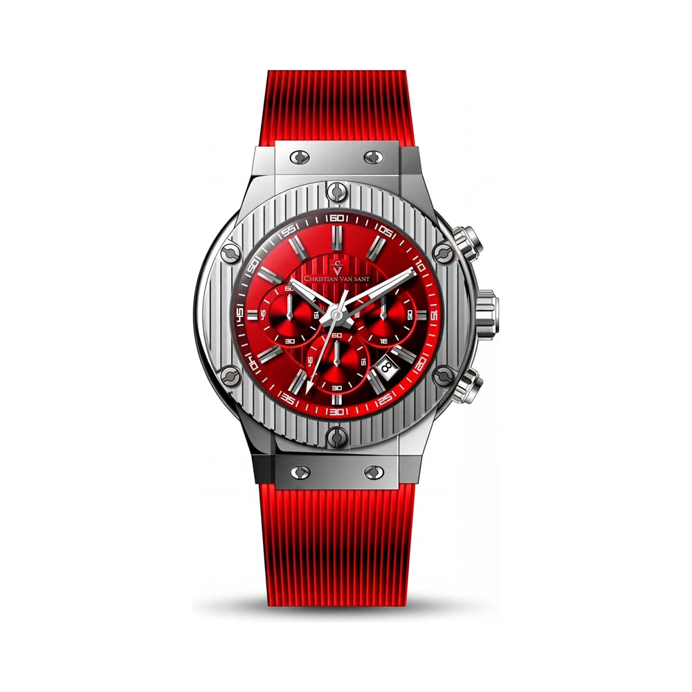 Reloj de cuarzo mineral Christian Van Sant para hombre, correa de caucho roja, caja de acero inoxidable, resistente al agua hasta 50 m y resistente a arañazos.