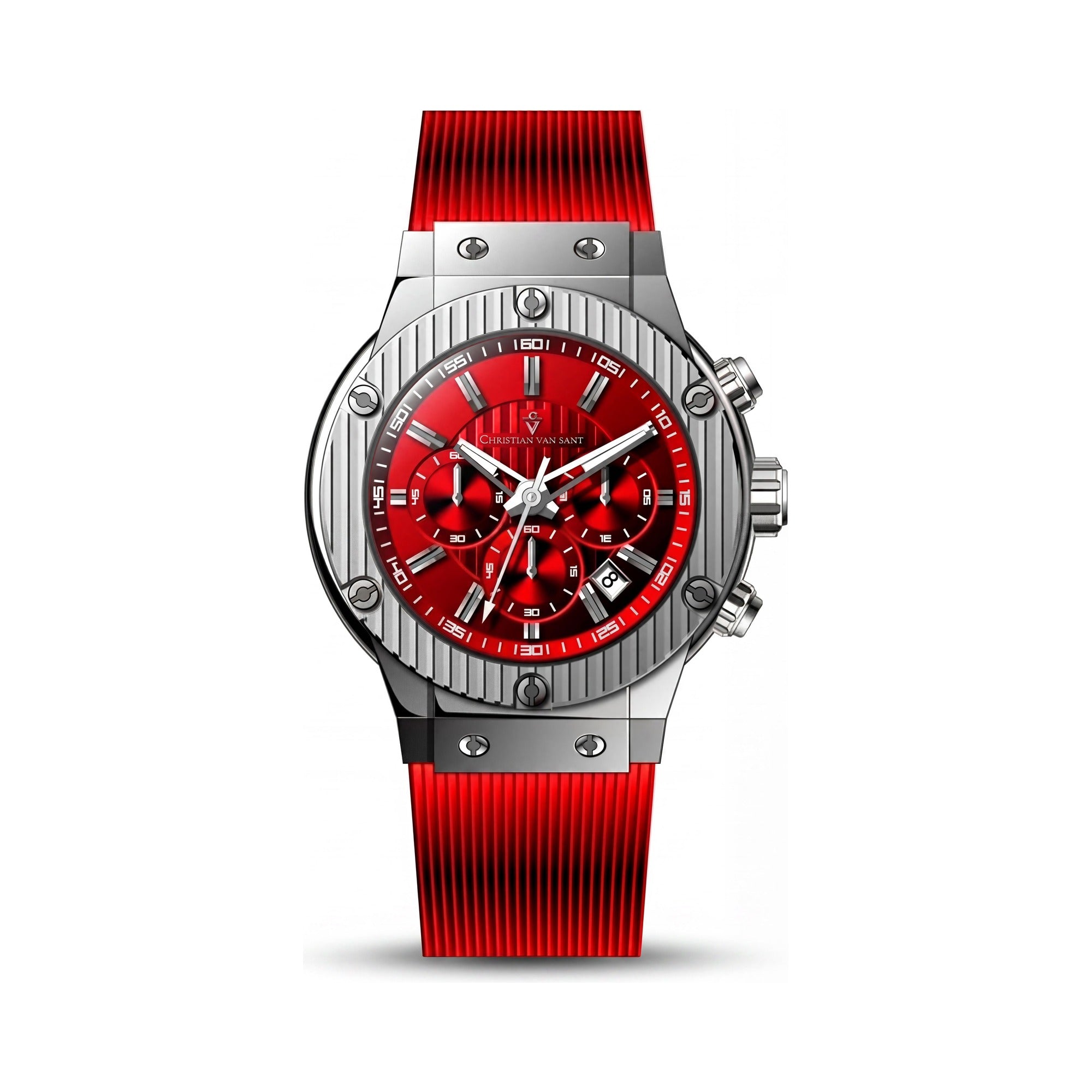 Reloj de cuarzo mineral Christian Van Sant para hombre, correa de caucho roja, caja de acero inoxidable, resistente al agua hasta 50 m y resistente a arañazos., Photo 1