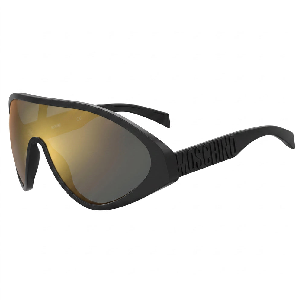 Gafas de sol unisex Moschino Fashion Show con montura de poliamida negra y dorada, lentes doradas multicapa con protección UV y sin polarización, 99
