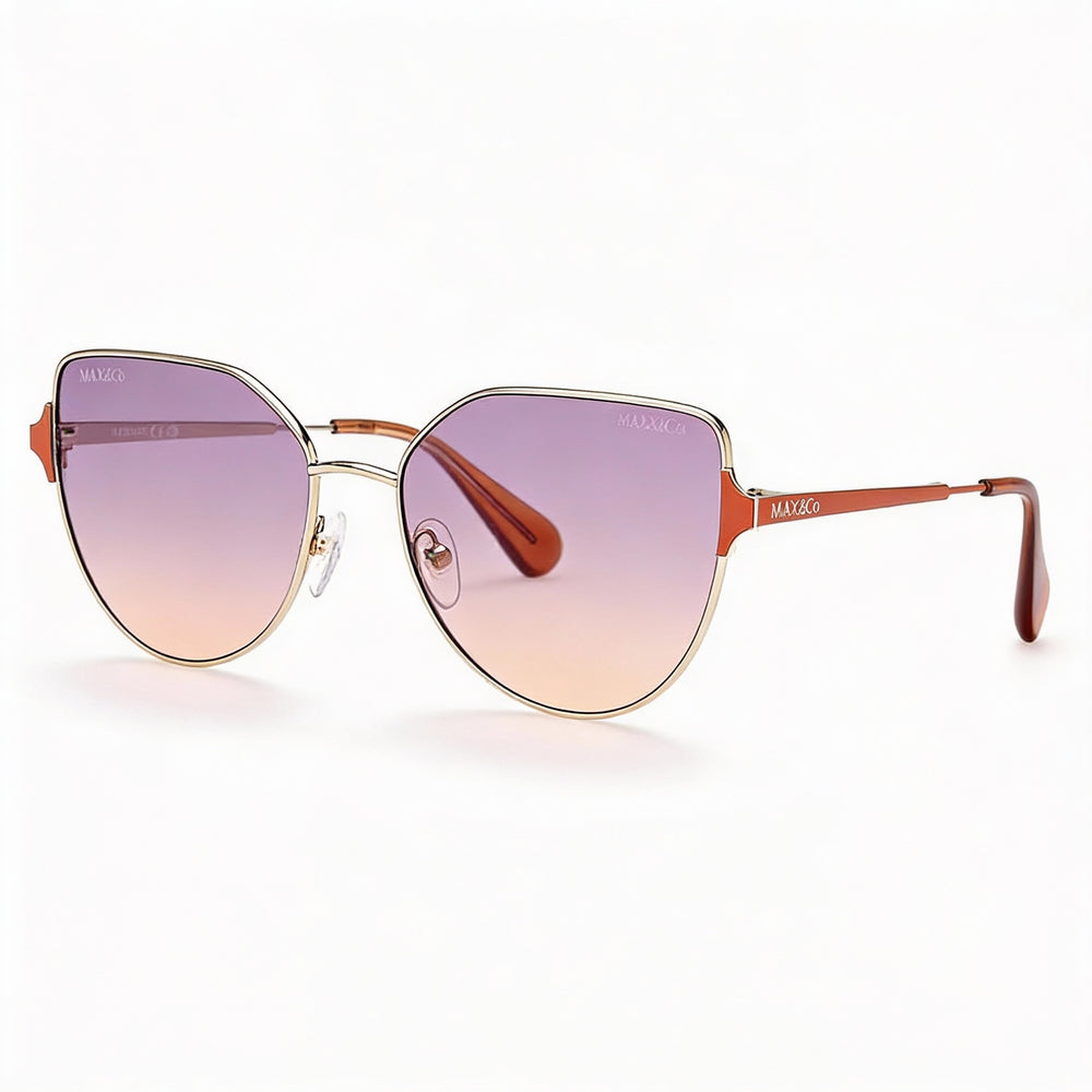 Gafas de sol modernas Max & Co. para mujer con montura metálica dorada y lentes degradadas de espejo dorado morado, protección UV, 57 mm