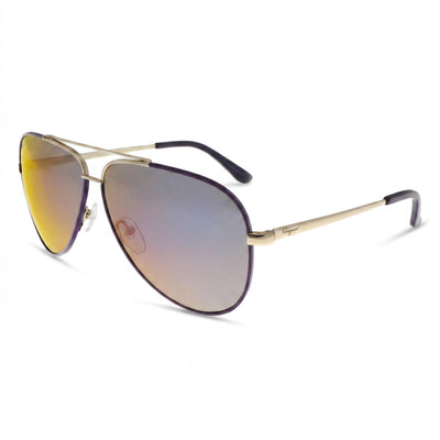Gafas de sol Ferragamo Aviator para mujer, de metal, dorado claro, esmaltado morado, lentes de espejo morado, 60 mm, protección UV