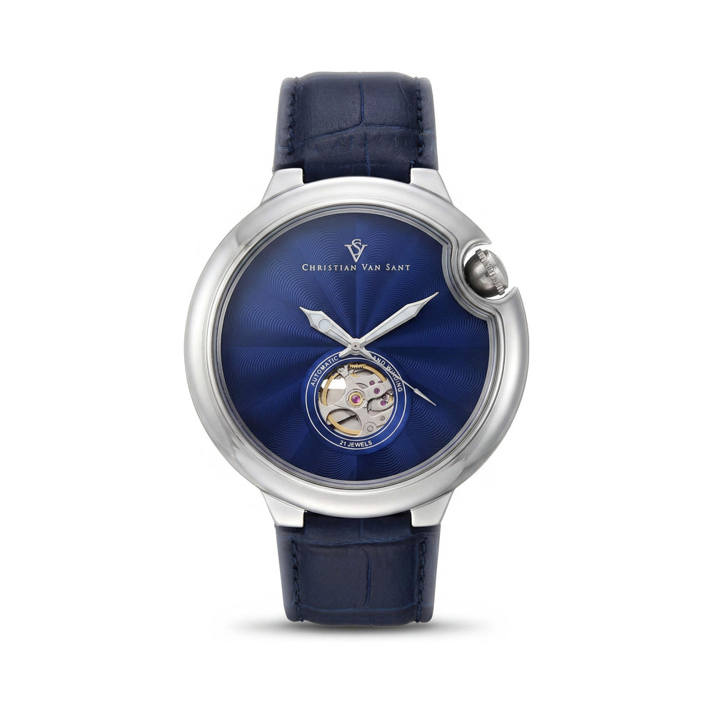 Christian Van Sant Cyclone Automatic Men's Blue Dial Stainless Steel Leather Strap 46mm Water Resistant 50m Watch