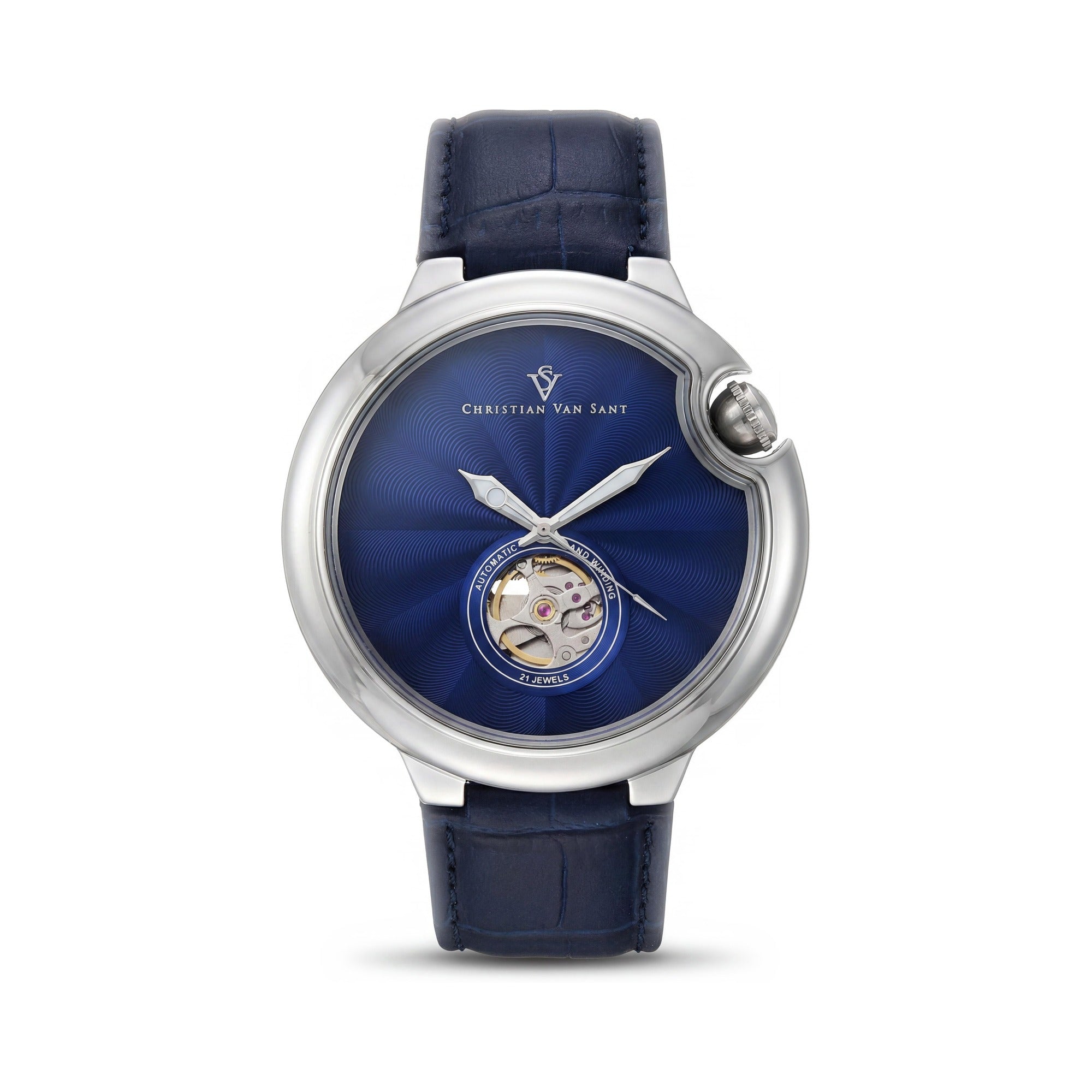Christian Van Sant Cyclone Automatic Men's Blue Dial Stainless Steel Leather Strap 46mm Water Resistant 50m Watch, Photo 1