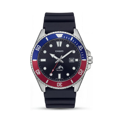Reloj de buceo de cuarzo Casio para hombre, bisel negro y rojo, caja de acero inoxidable, correa de resina negra, resistente al agua 200m