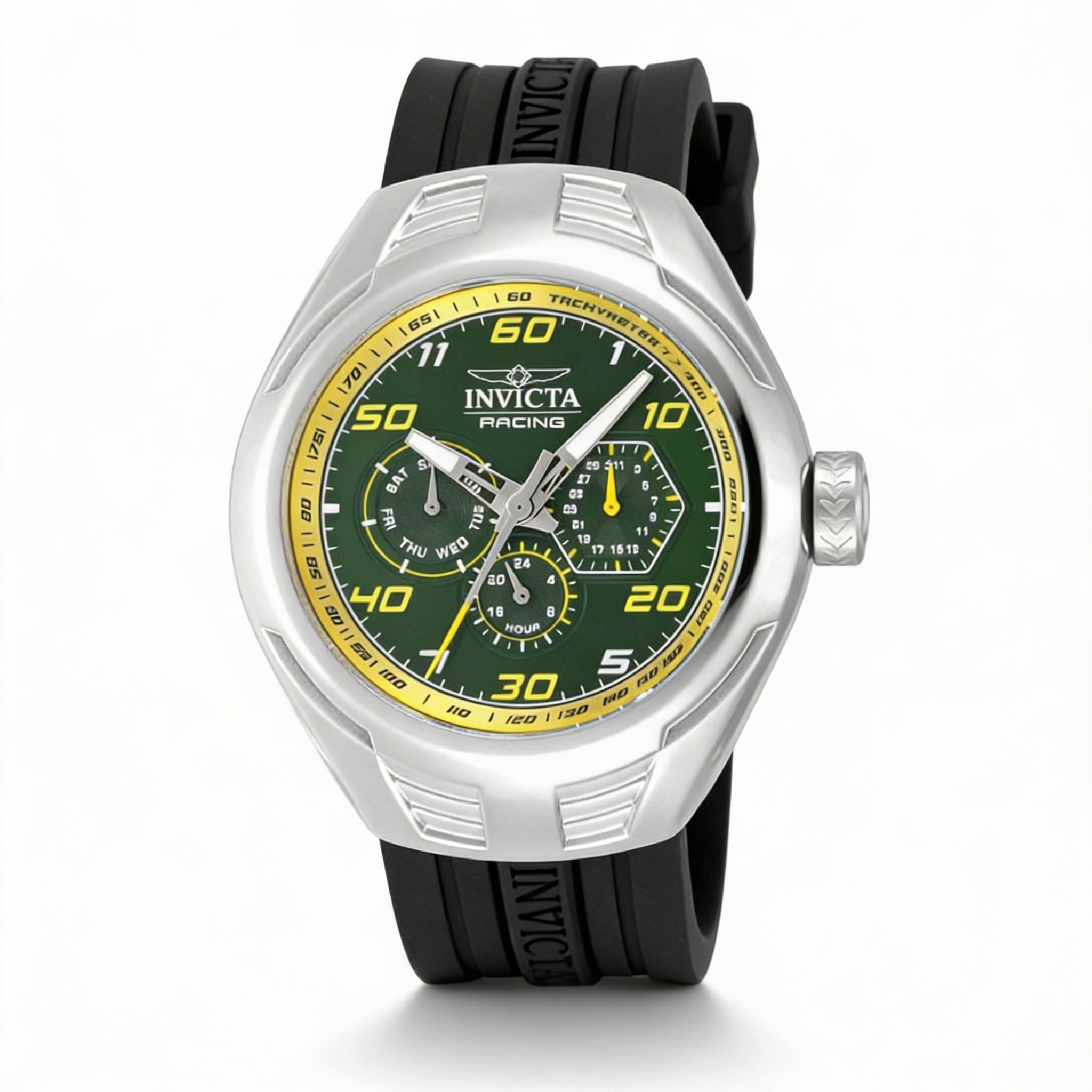 Invicta Racing 47728 Unisex Chronograph Quartz 46mm Silver Stainless Steel Green Dial Silicone Strap Watch, Photo 1