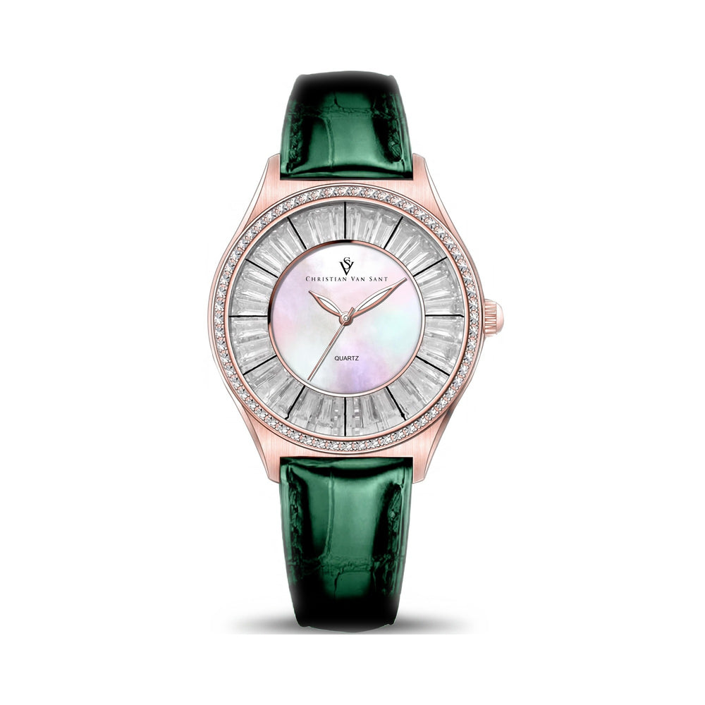 Christian Van Sant Modern Women's Water Resistant Mother of Pearl Dial Stainless Steel Case Leather Strap Watch