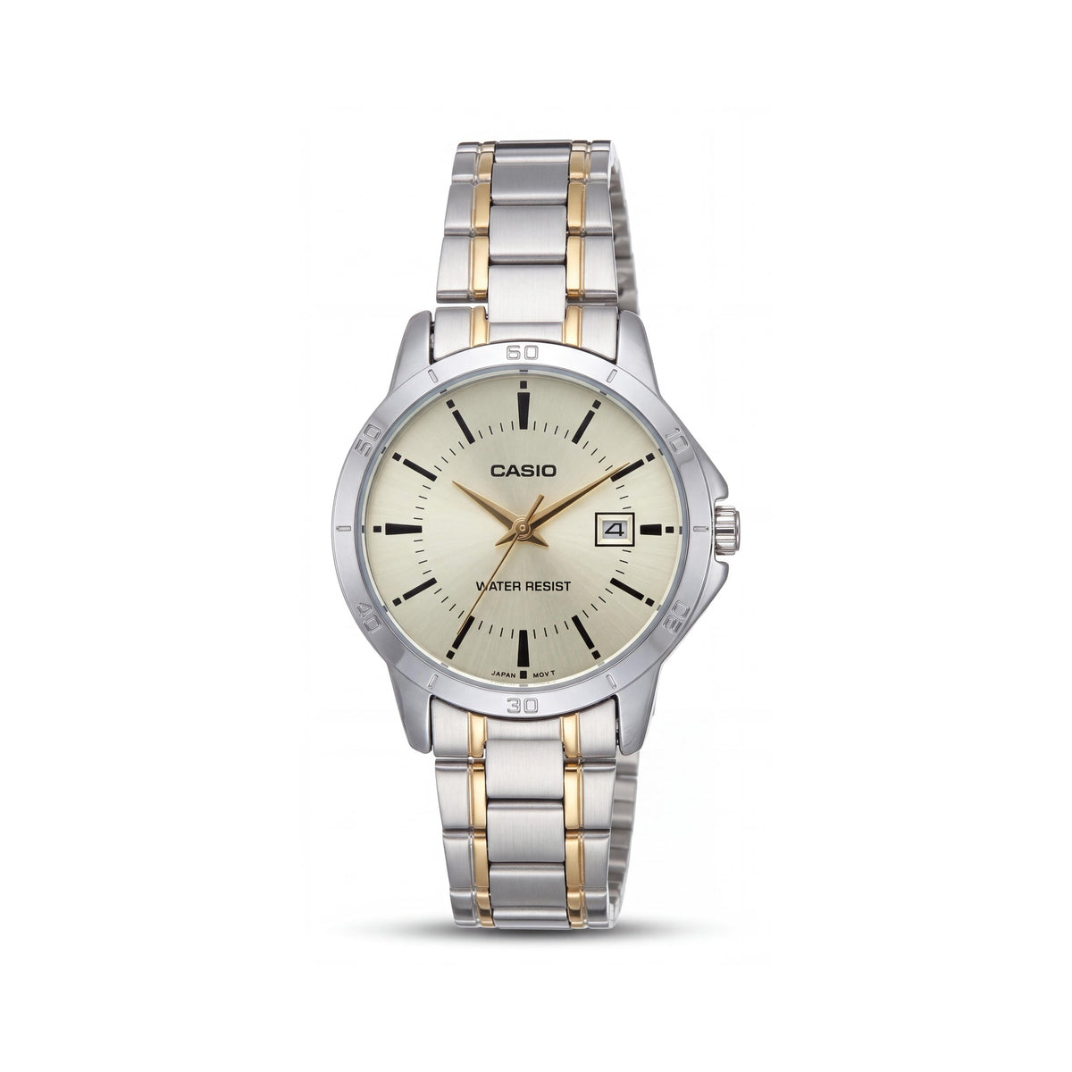 Casio LTP-V004SG-9A Women's Silver Gold Yellow Stainless Steel Bracelet Watch, Date Display, Water Resistant, Photo 1