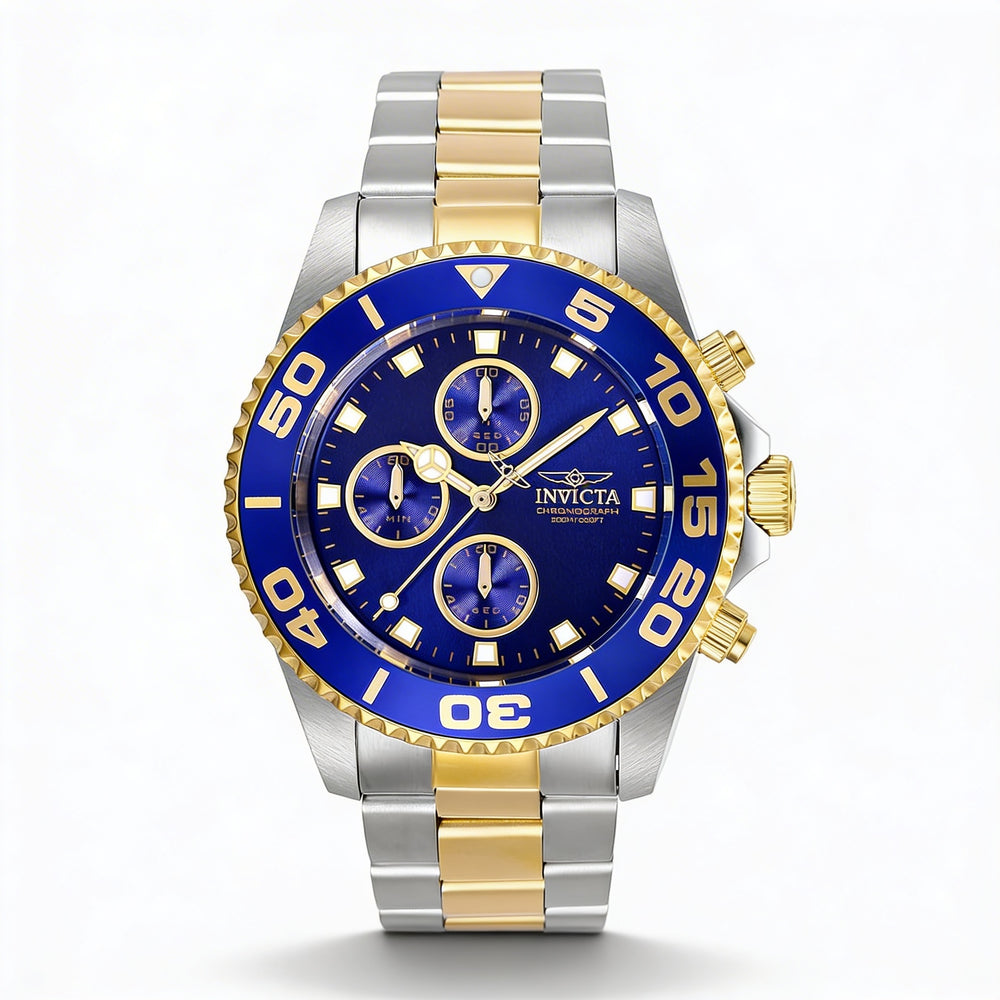 Reloj Invicta Diver Chronograph de cuarzo para hombre, de 43 mm, bicolor azul, resistente al agua hasta 200 m, con cristal Flame Fusion y bisel unidireccional.