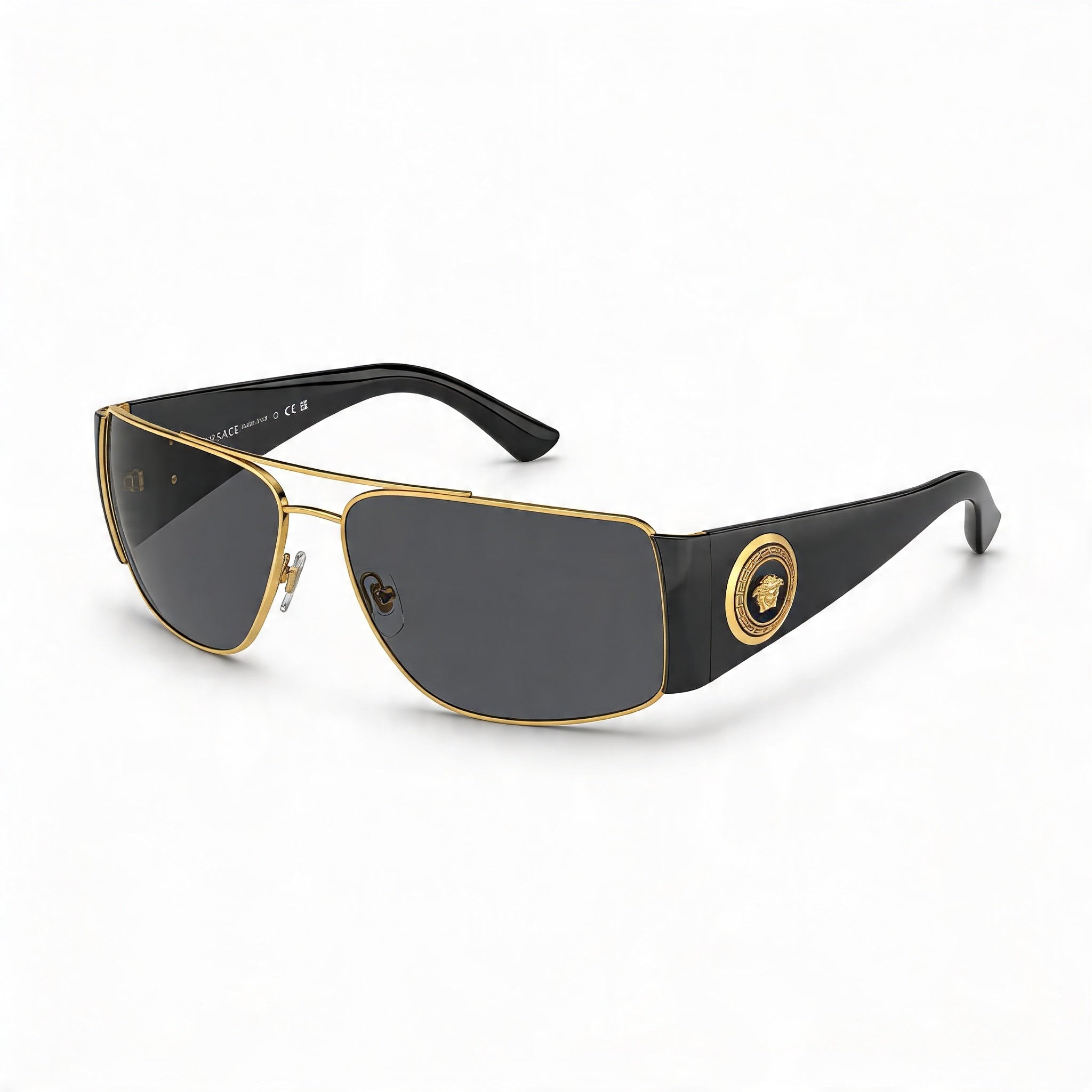 Versace VE2163 Men's Rectangle Style Gold Metal Frame Sunglasses with Grey Lens, UV Protection, 63mm, Photo 1