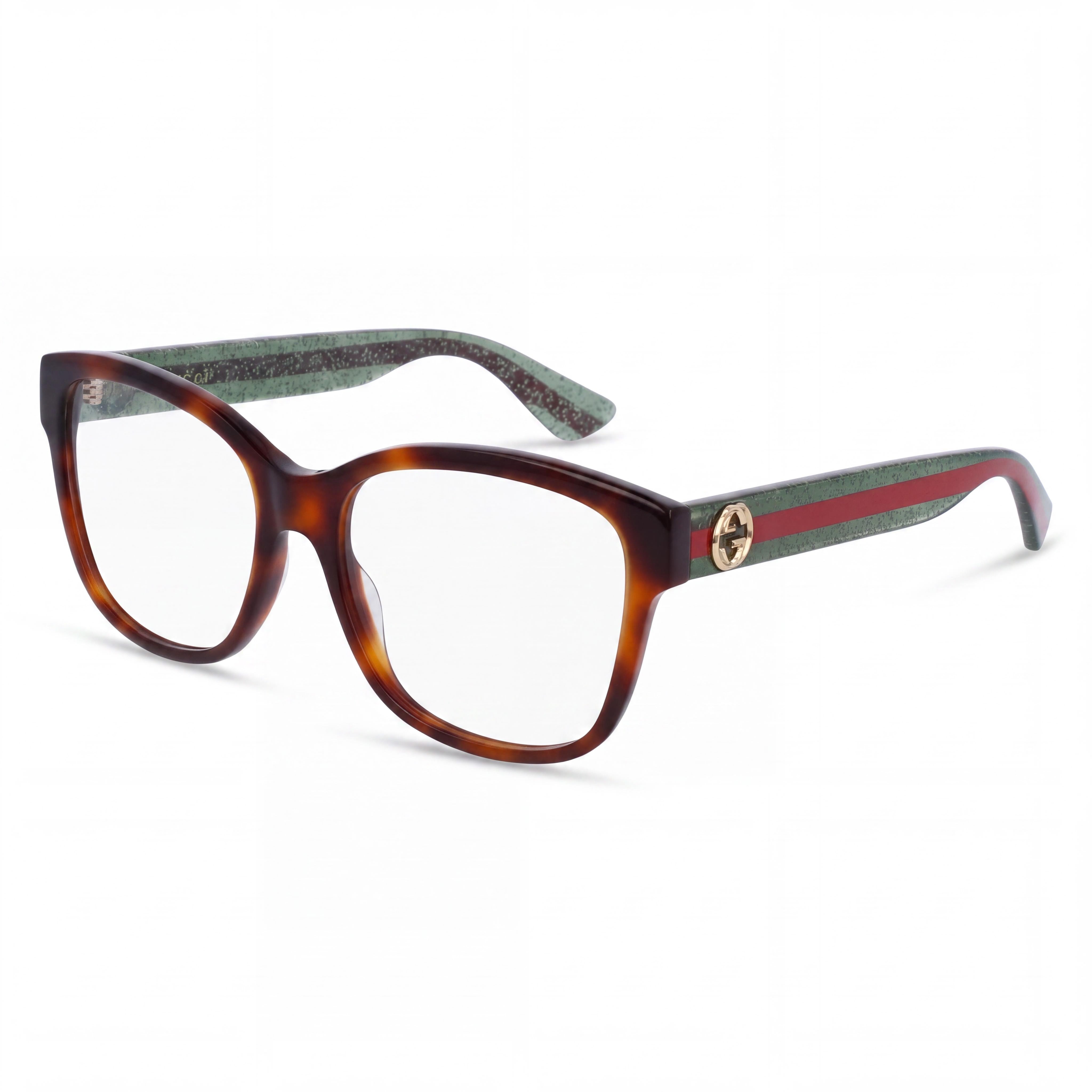 Gucci Gg0038o-002 Montura óptica cuadrada de aro completo de plástico para mujer, color havana verde transparente con lentes transparentes de policarbonato de 54 mm, Photo 1