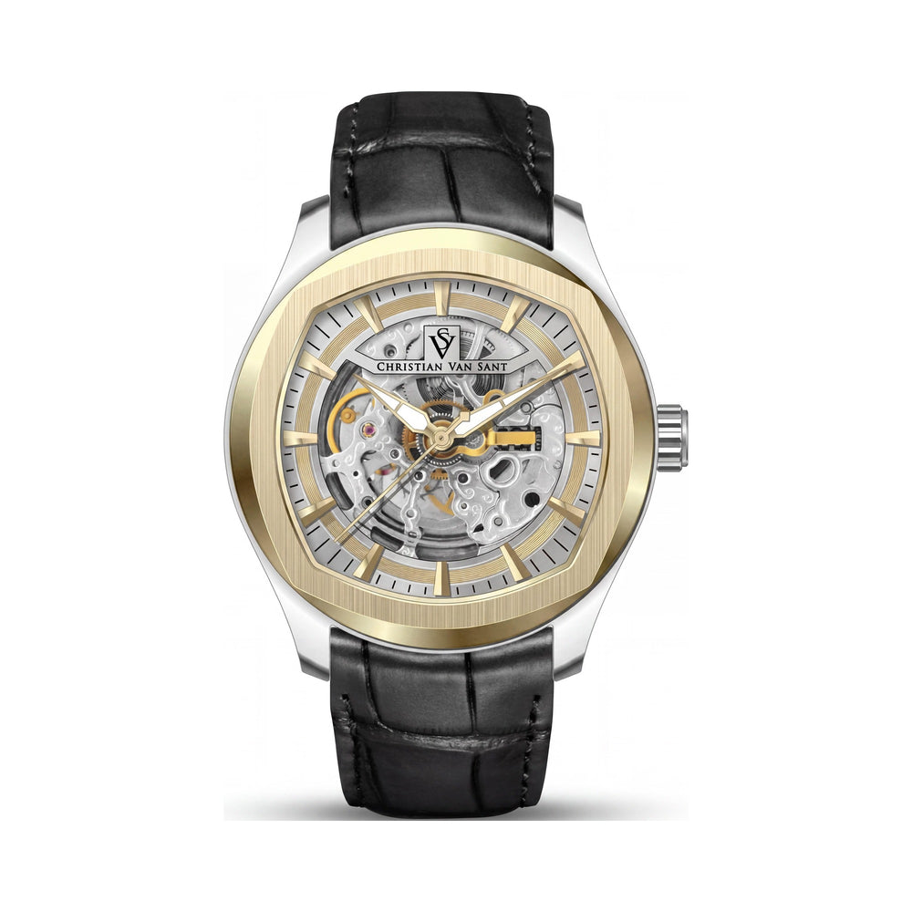 Christian Van Sant Men's Modern Automatic Gold Dial, Stainless Steel Case, Leather Strap, 50m Water Resistant Watch