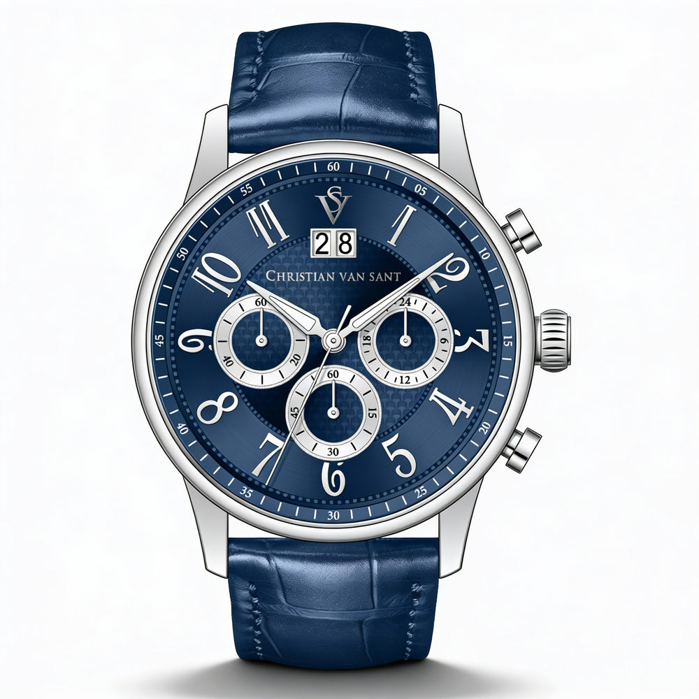Christian Van Sant Men's Chronograph Watch featuring a Blue Dial, Stainless Steel Case, and Leather Strap