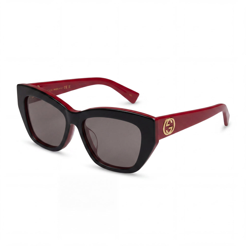 Gucci GG1844SA Unisex Full Rim Cat Eye Black, Grey & Red Recycled Acetate Frame Black Lens Sunglasses 55mm