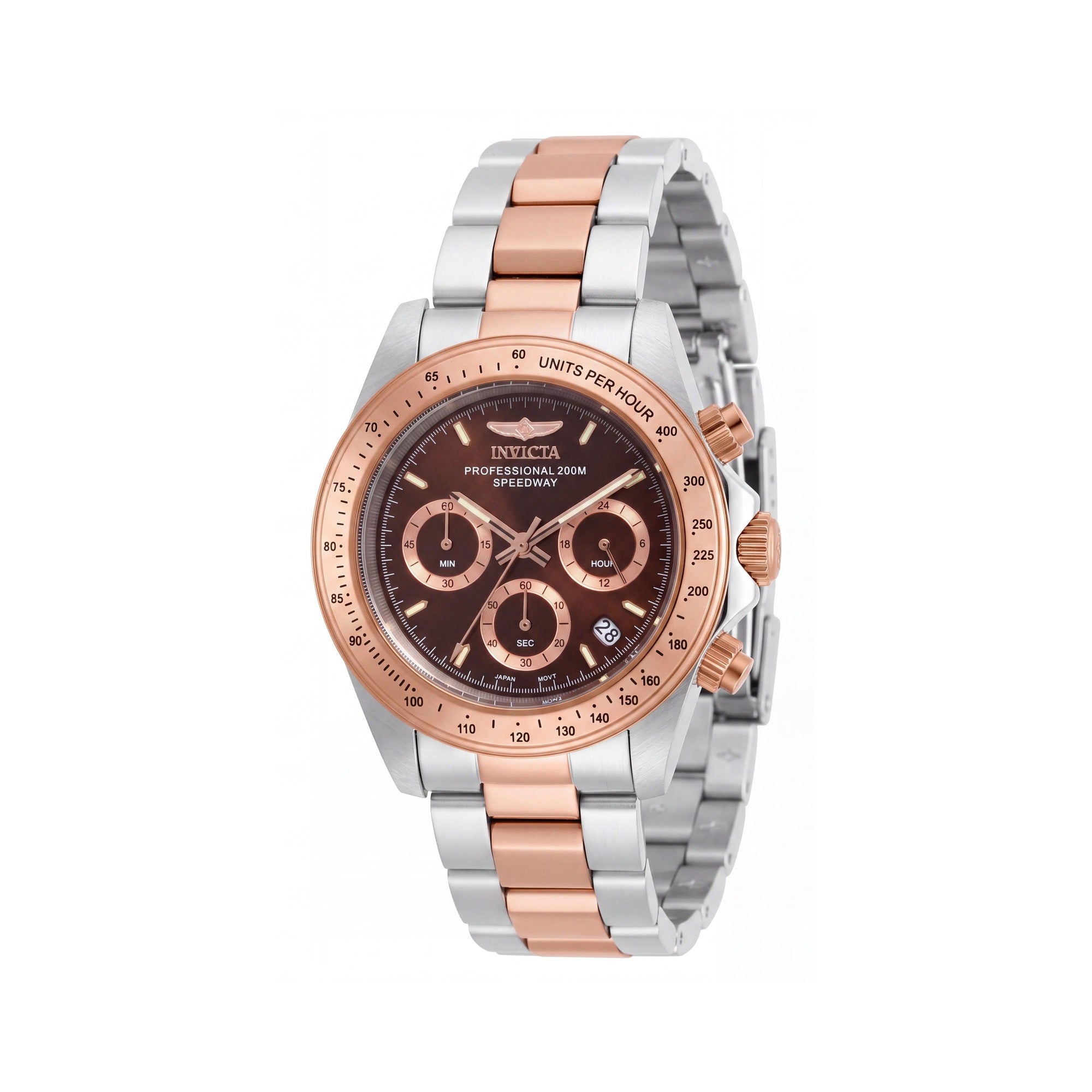 Reloj Invicta cronógrafo para hombre, esfera café, acero inoxidable con baño de iones de oro rosa de 18k, fecha, GMT, segunda zona horaria, Photo 1