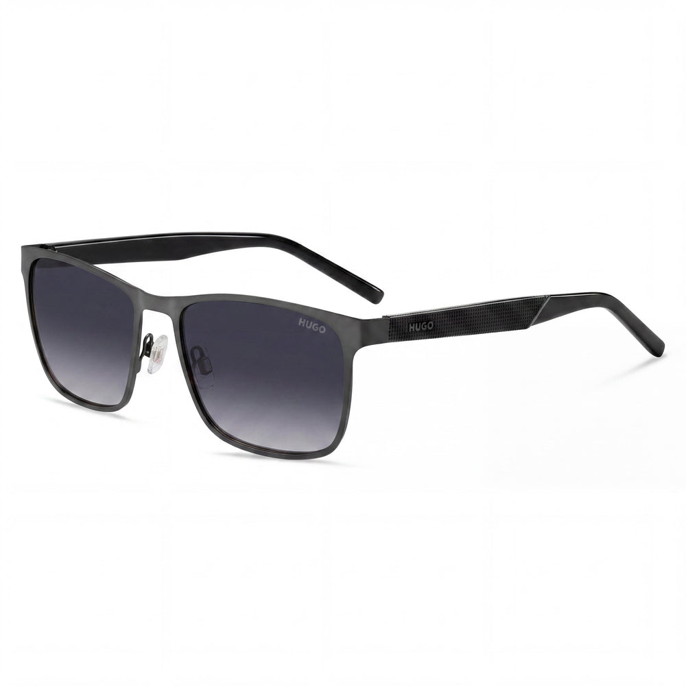 Gafas de sol rectangulares de acero inoxidable HUGO Hg 1328/S para mujer, rutenio mate negro, lentes gris oscuro degradado de 57 mm, 100 % UV