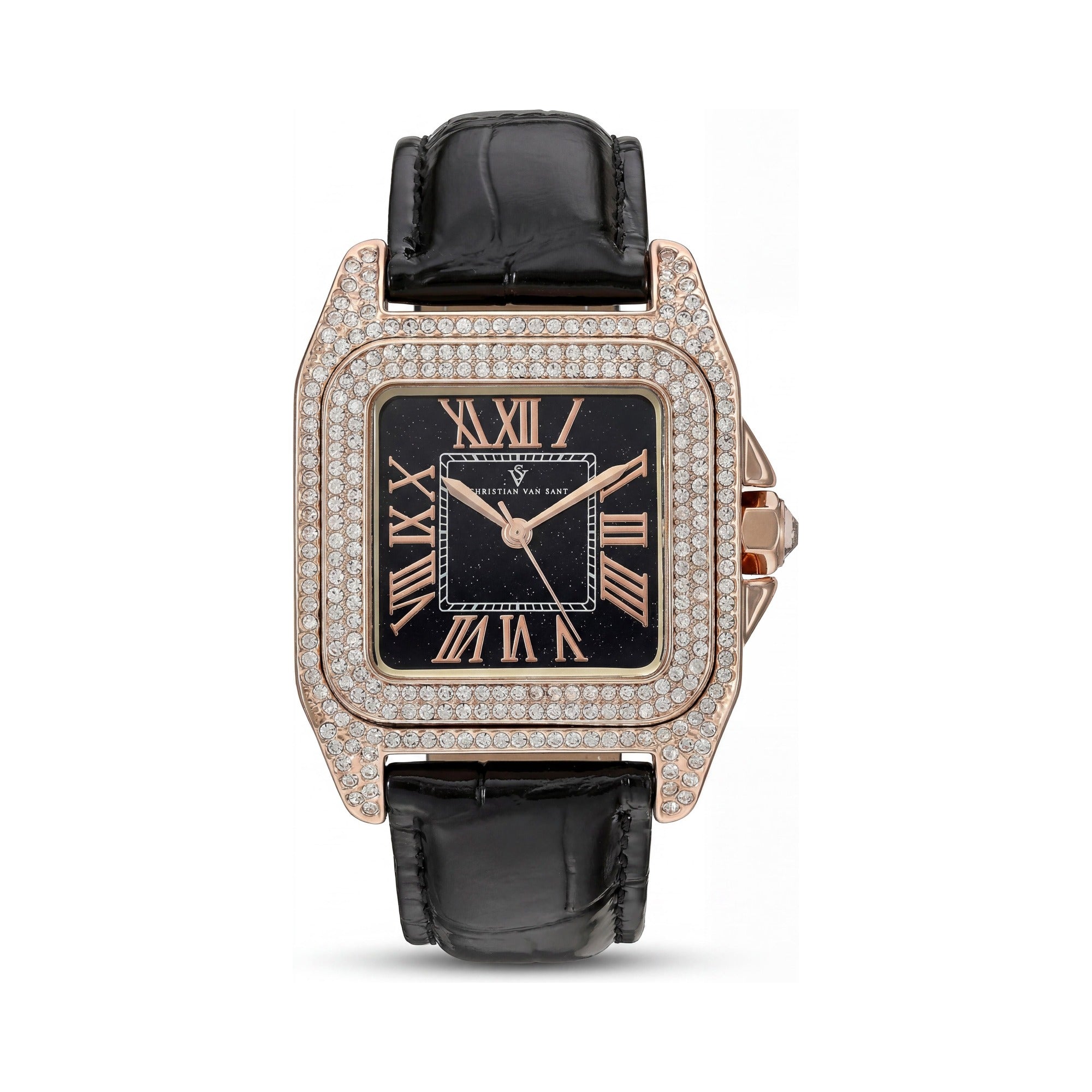 Christian Van Sant CV4425 Quartz Movement Women's Watch with Crystals on Bezel, Black Brass Case, Black Dial, Leather Strap, Photo 1