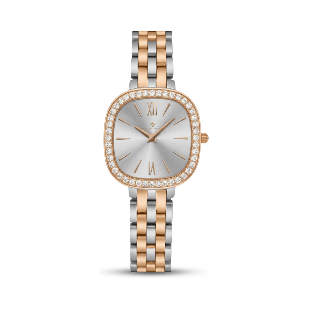 Christian Van Sant Women's CV1269 Two-tone Stainless Steel Silver Dial Square Quartz Watch with Mineral Crystal 24mm