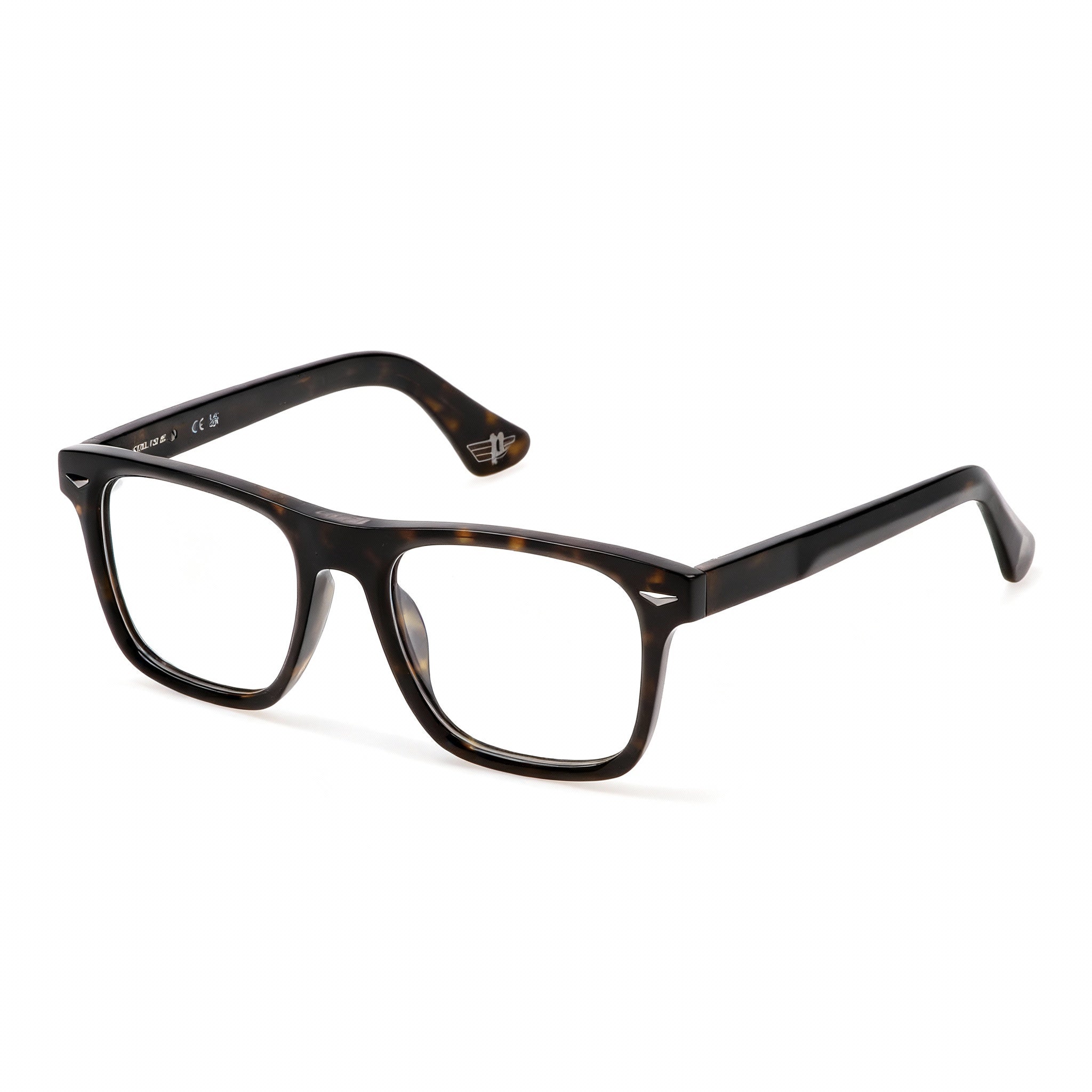 Police Casual Men’s Acetate Eyeglasses, Shiny Black Frame, Plastic Demo Lenses, Size 52-145-20