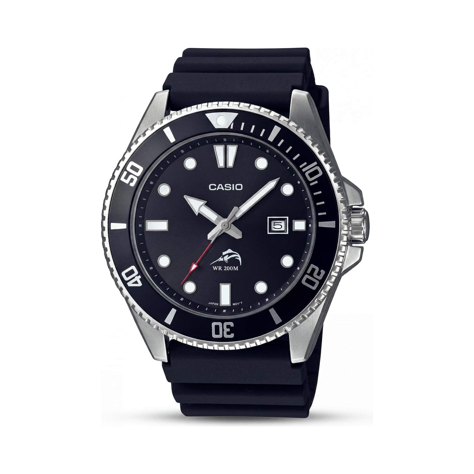 Casio Men's Resin Strap Watch, Black/Silver Stainless Steel Case, Black Dial, Water Resistant, Second Hand, Photo 1