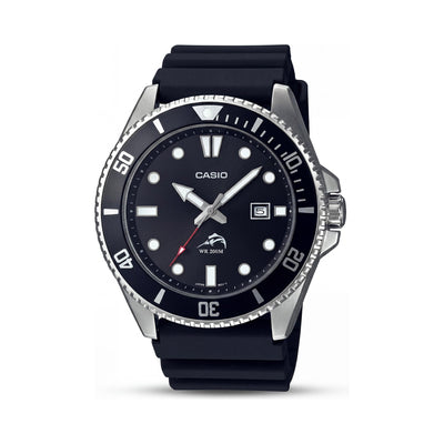 Reloj Casio para hombre con correa de resina, caja de acero inoxidable negro/plateado, esfera negra, resistente al agua, segundero.