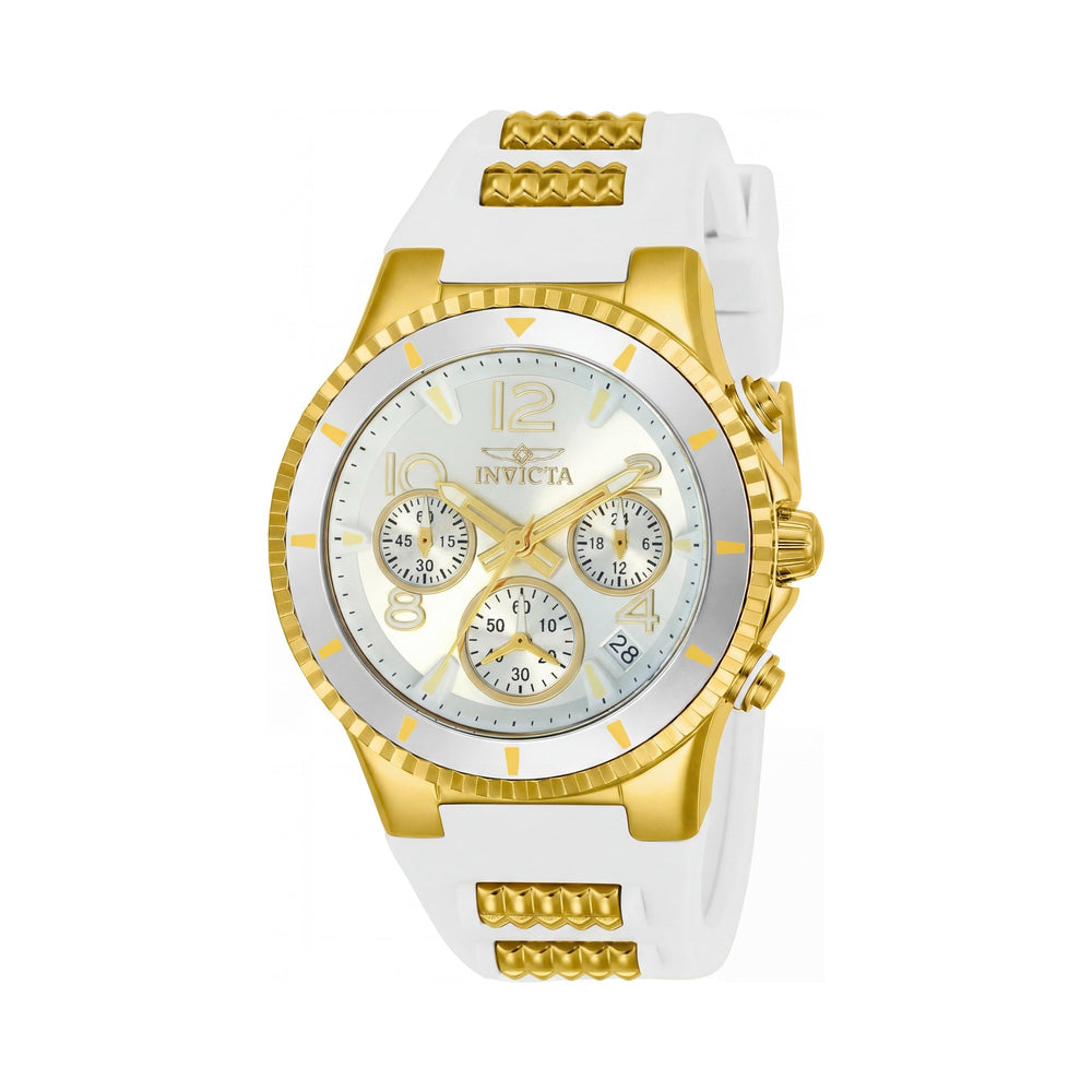 Reloj cronógrafo Invicta de cuarzo para mujer, caja de acero inoxidable plateada, correa de silicona blanca, esfera plateada, 39 mm, resistente al agua