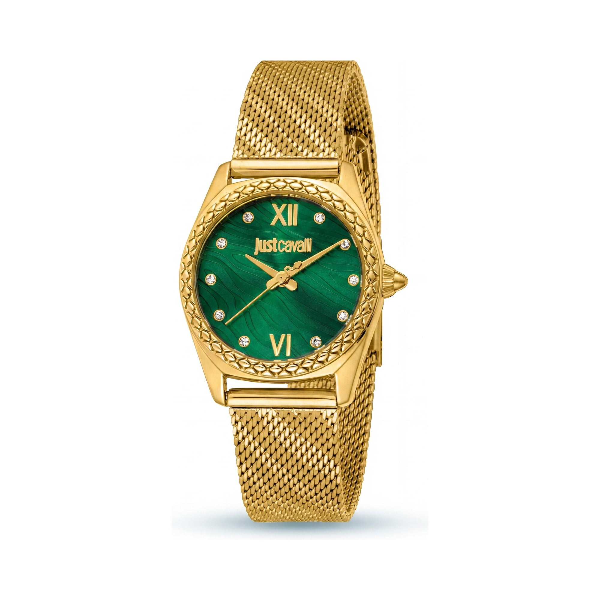 Reloj de cuarzo Just Cavalli Animalier para mujer, de acero inoxidable y oro amarillo de 30 mm, esfera verde botella y números arábigos., Photo 1