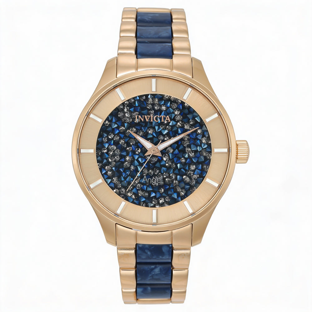 Reloj Invicta Angel 24662 para mujer, de cuarzo, 40 mm, acero inoxidable en tono oro rosa y azul, resistente al agua hasta 100 m.
