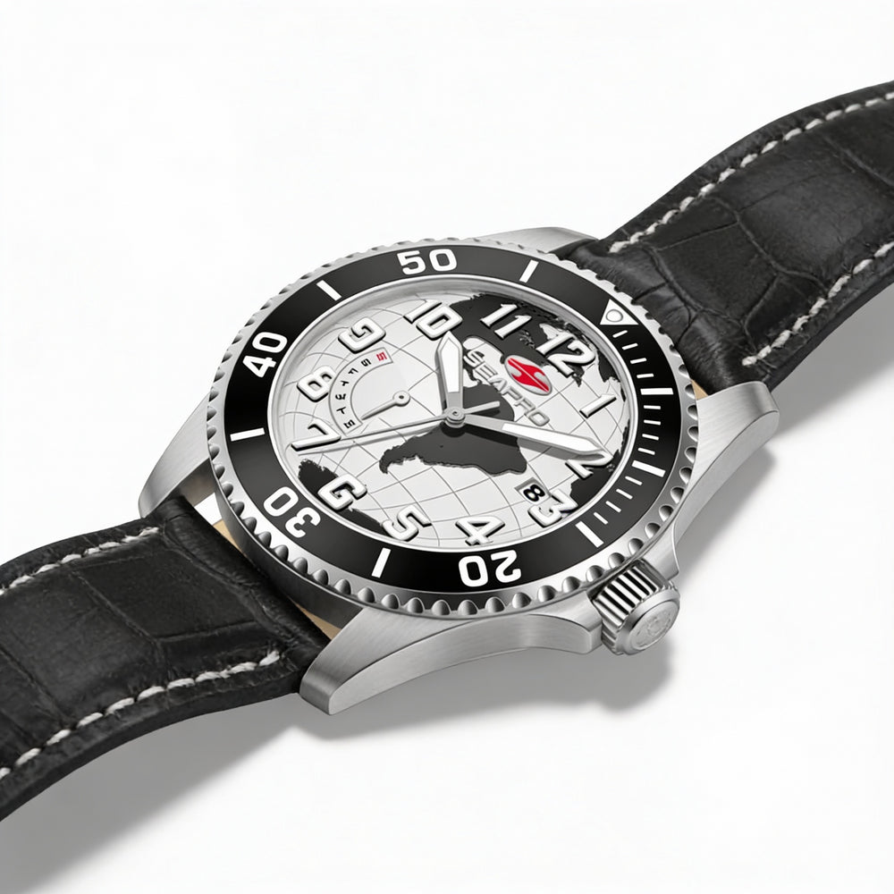 Reloj Seapro para hombre con movimiento de cuarzo, esfera blanca, caja de acero inoxidable y correa de piel, resistente al agua.
