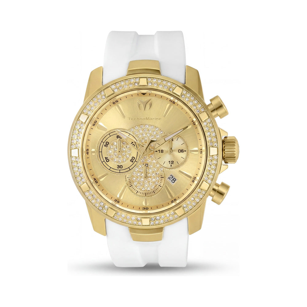 Reloj TechnoMarine de cuarzo para hombre, que brilla en la oscuridad, caja de acero inoxidable tono dorado, correa de silicona blanca, 45 mm
