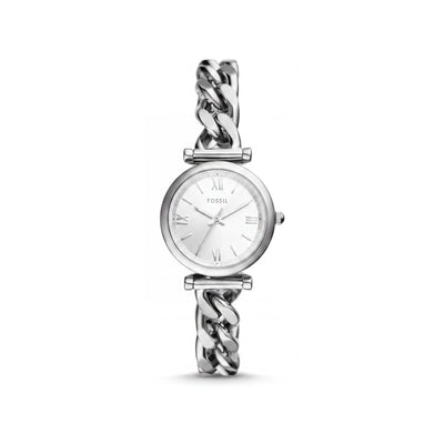 Fossil Carlie Women's Silver-Tone Stainless Steel Curb Chain Bracelet Watch with Silver Sunray Dial 28mm