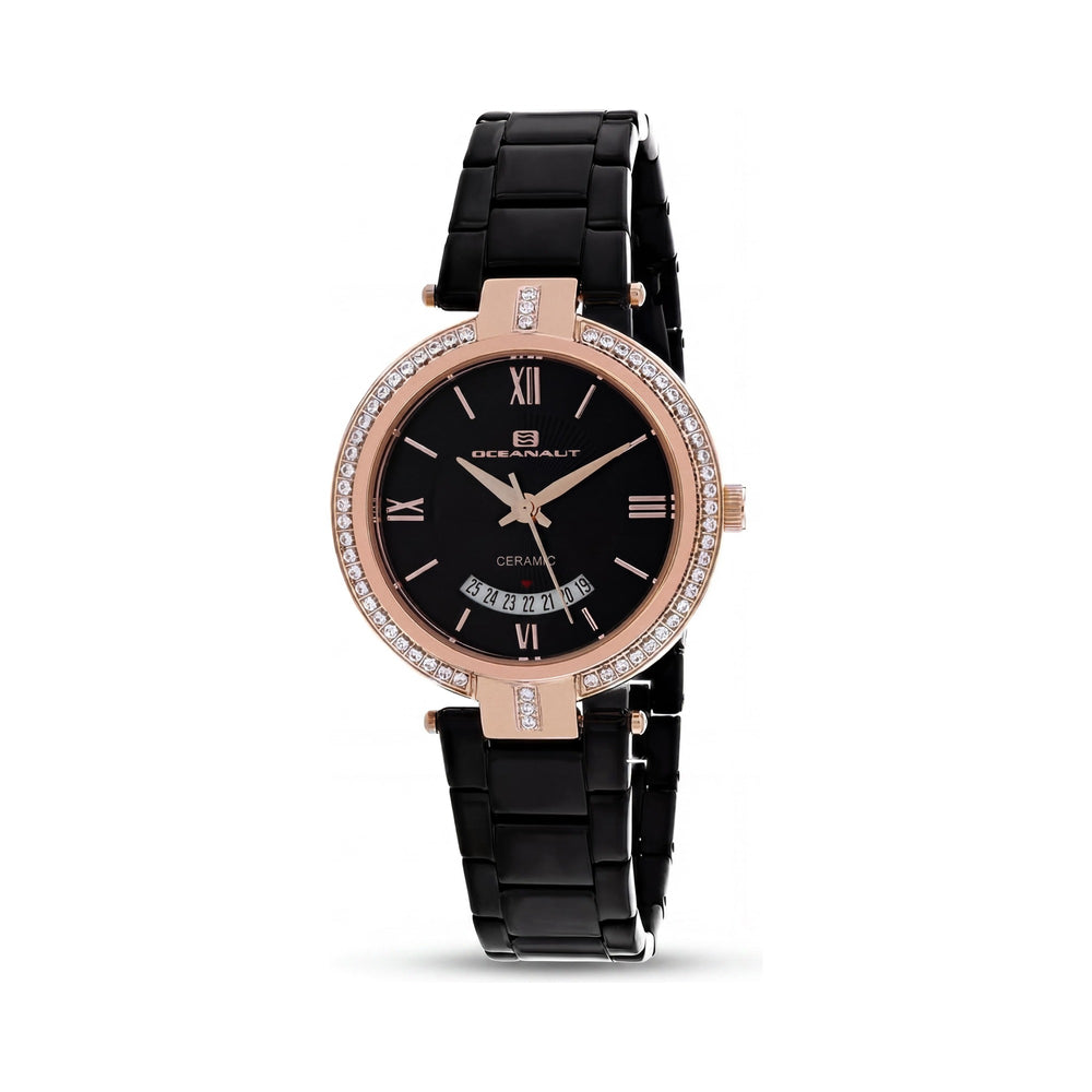 Reloj de cuarzo Oceanaut para mujer, pulsera de acero inoxidable negra, esfera negra, resistente al agua hasta 200 m, cristal mineral.
