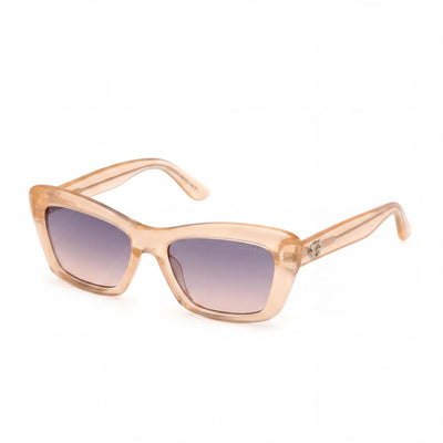 GUESS Women's Plastic Rectangular Sunglasses, Shiny Light Orange, UV Protected Gradient Mirror Violet Lenses, 52-17-140