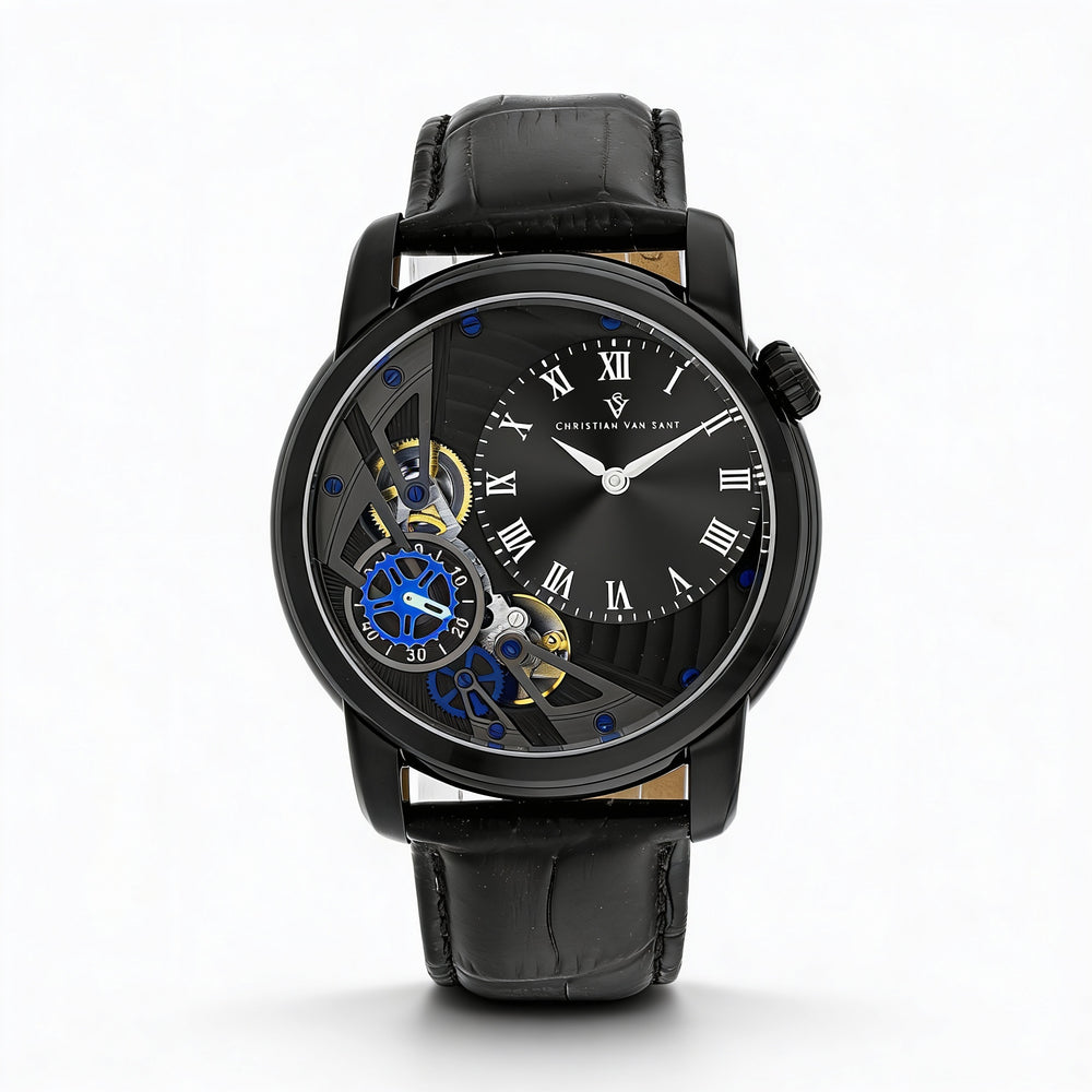 Christian Van Sant Quartz Movement Men's Black Stainless Steel Case Leather Strap Water Resistant Watch