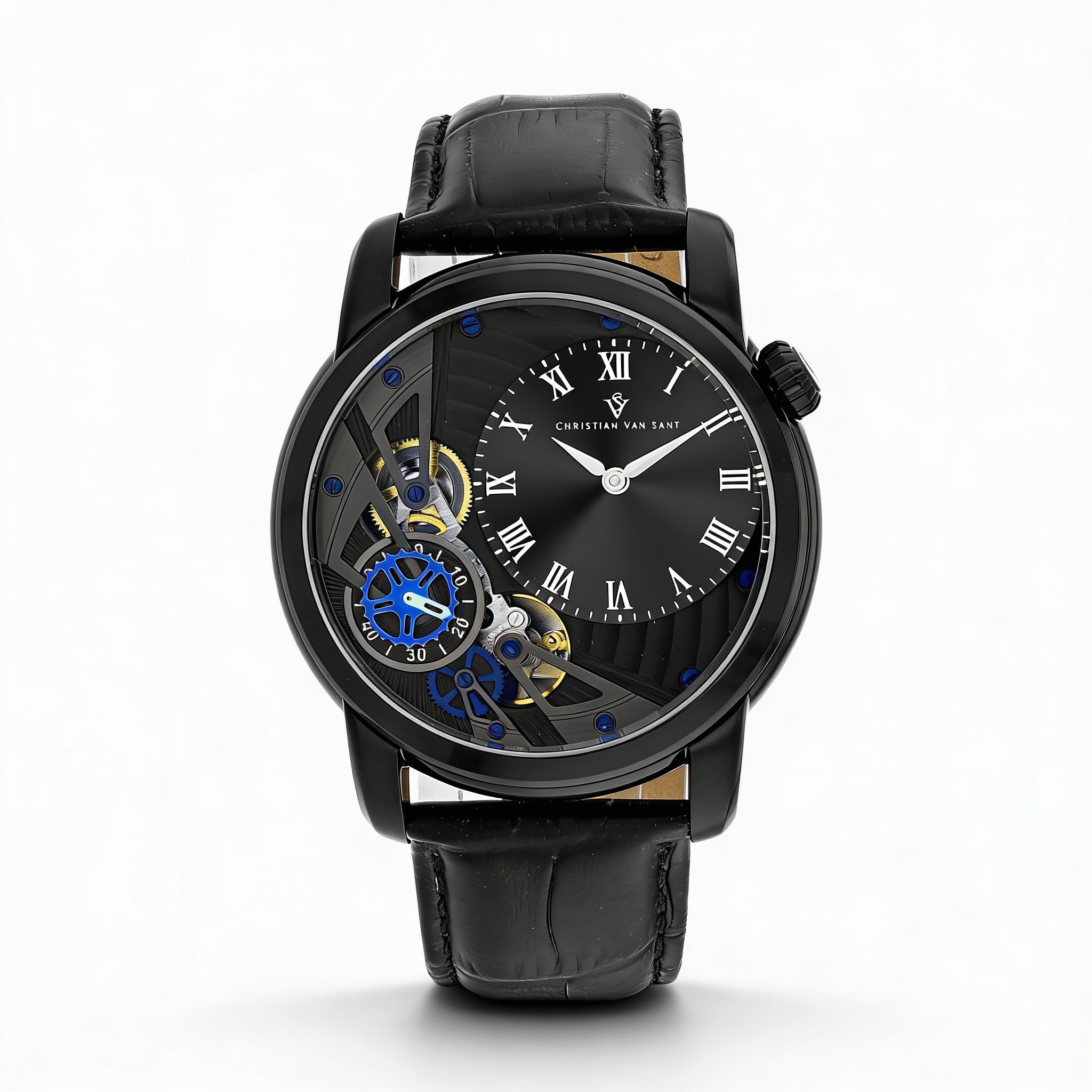 Christian Van Sant Quartz Movement Men's Black Stainless Steel Case Leather Strap Water Resistant Watch, Photo 1