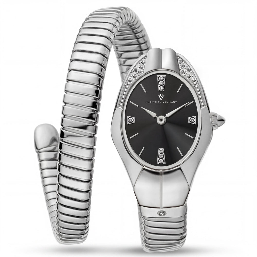 Reloj de cuarzo resistente al agua para mujer de Christian Van Sant con caja y pulsera de acero inoxidable y esfera negra.