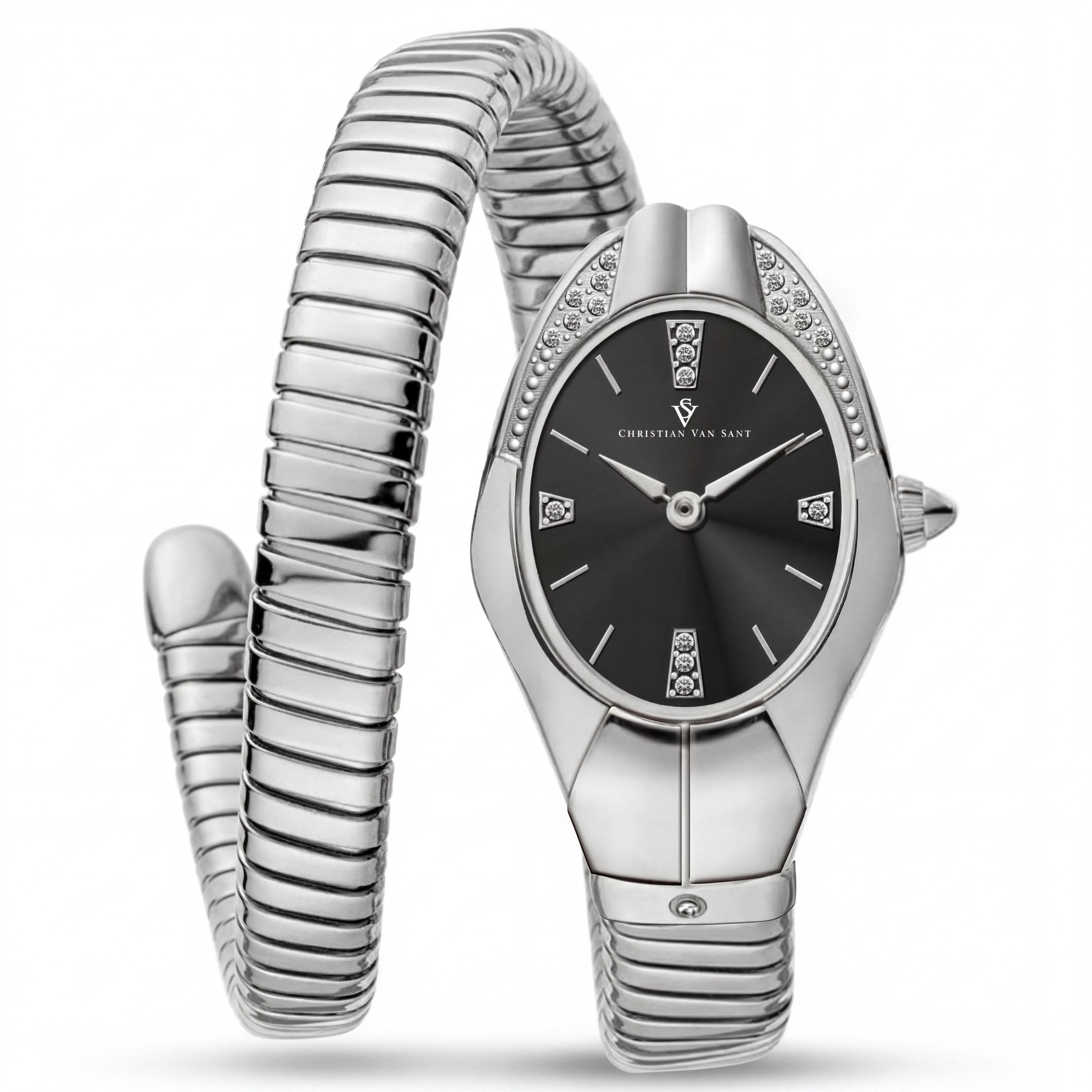 Reloj de cuarzo resistente al agua para mujer de Christian Van Sant con caja y pulsera de acero inoxidable y esfera negra., Photo 1