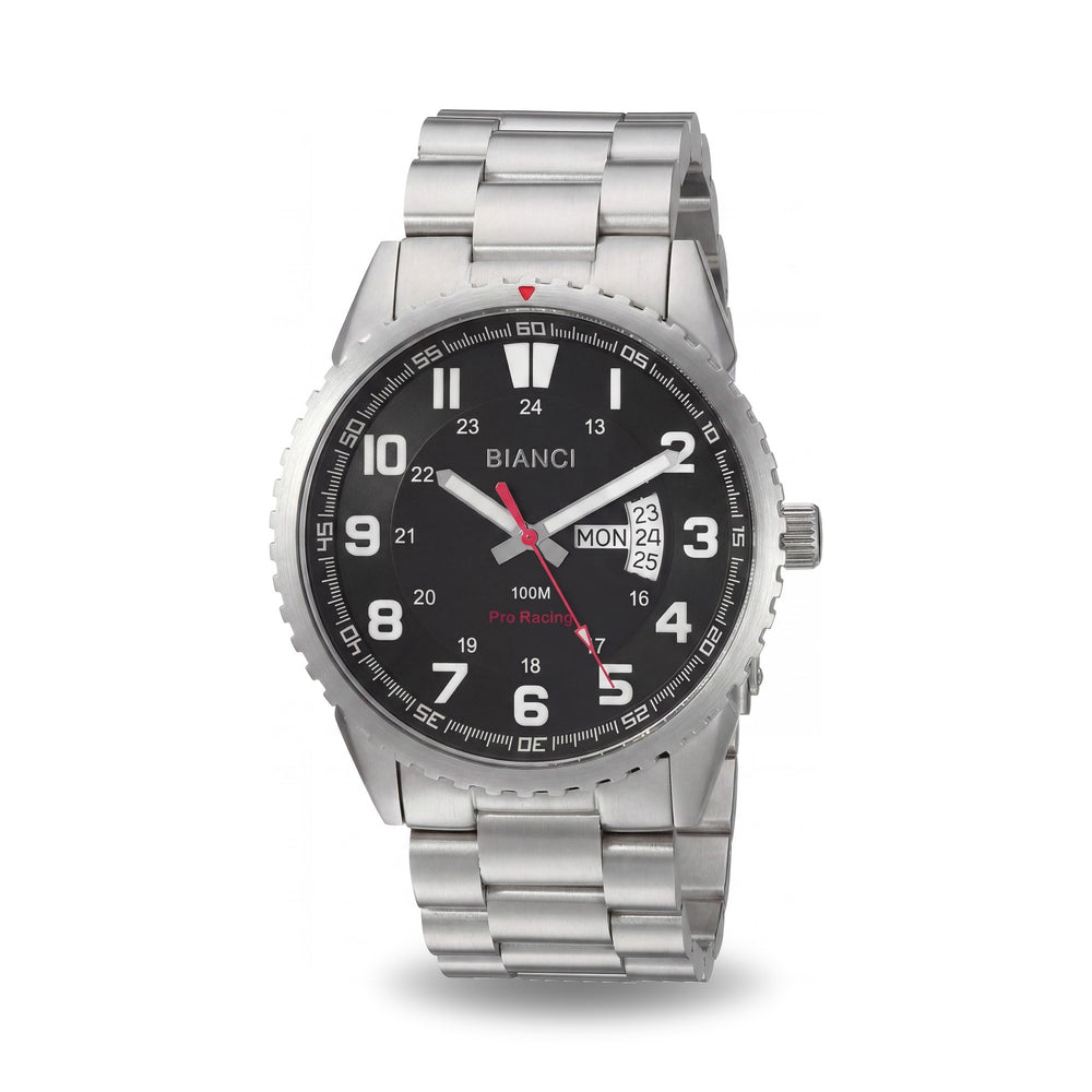 Reloj Roberto Bianci para hombre con pulsera de acero inoxidable plateado, esfera negra y fecha.